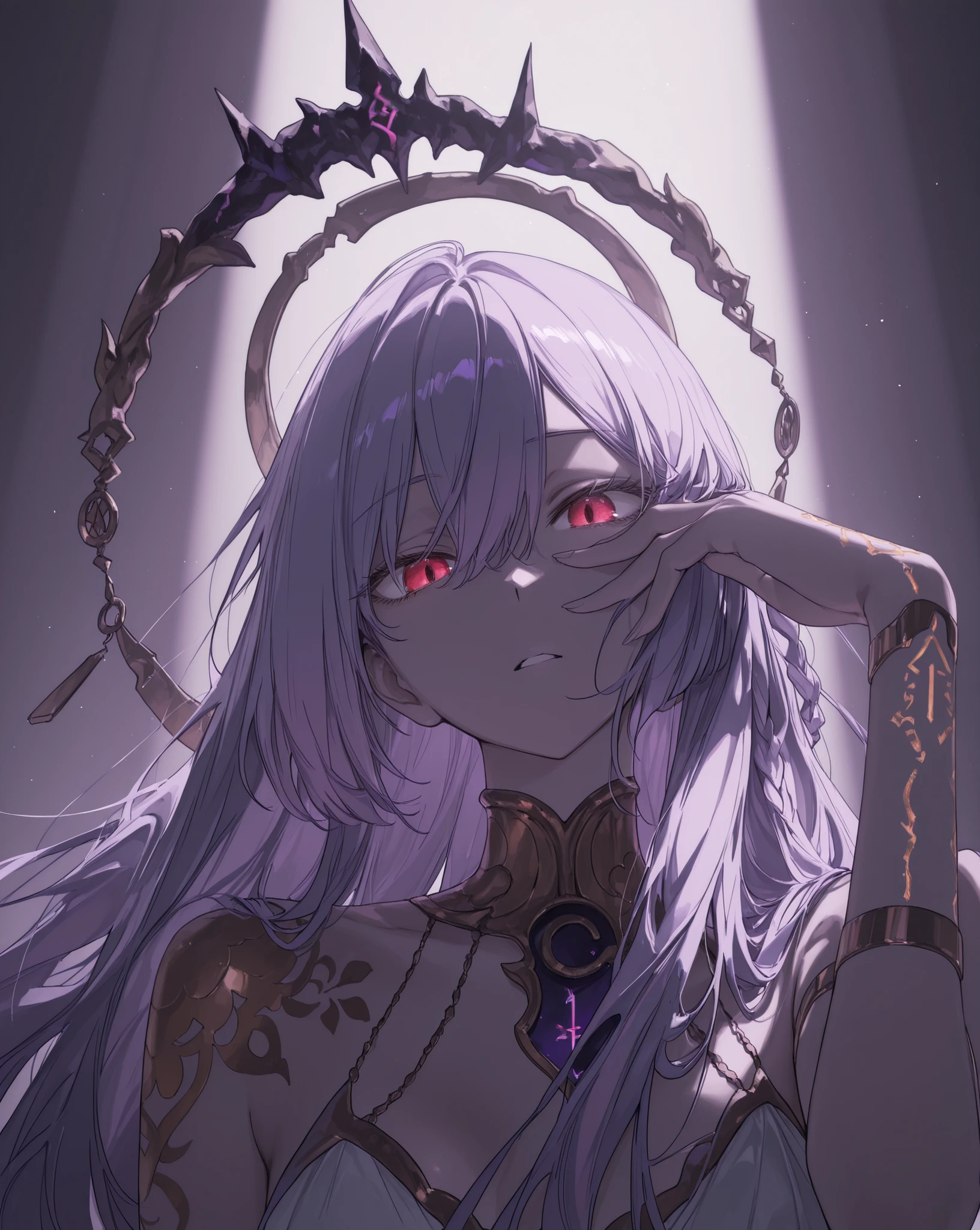 partially covered in shadow,(looking at viewer, portrait shot:1.22),  (medium shot, three quarter shot:1.3), (sharp features, 1boy, 1girl:0.45), solo, masterpiece, best quality, amazing quality, very aesthetic, high resolution, ultra-detailed, (soft shading, soft shadows, volumetric light:1.14), Herrscher of Sentience, senti, red eyes, golden tattoos, purple tattoos, runes, runic, flowy cloth