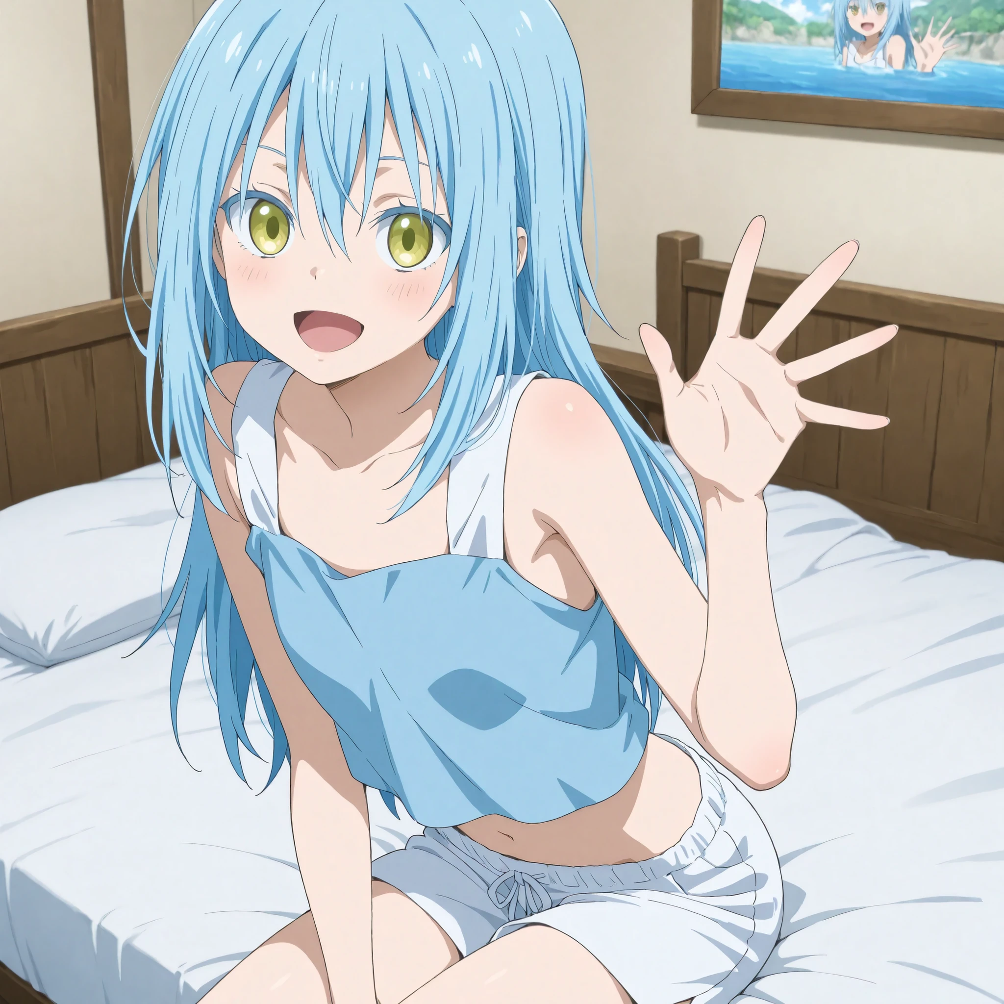 Rimuru Tempest, summer top, white shorts, bedroom, happy, open mouth,solo, sitting on the bed, waving at viewer, midriff