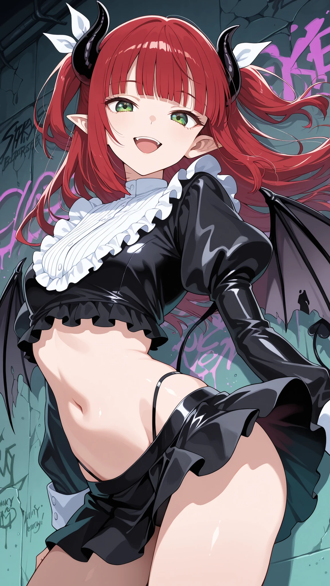 BREAK (masterpiece:1.2), best quality, high resolution, unity 8k wallpaper, (illustration:0.8),Shattered skyscrapers glowing with broken neon signs,
flooded streets reflecting chaotic lights,
graffiti covering crumbling walls,
toxic fog lingering in the distance,
a surreal mix of ruin and beauty,
intense atmosphere, no people,liz kyun, long hair, bangs, shirt, long sleeves, navel, underwear, green eyes, panties, red hair, frills, wings, horns, pointy ears, midriff, puffy sleeves, blunt bangs, stomach, two side up, cosplay, demon girl, demon horns, white ribbon, black wings, demon wings, frilled shirt,leather black skirt,looking at viewer,cowboy shot,wide-angel,seductive expression,seductive pose,arched back,smile,open mouth,floating hair,from below