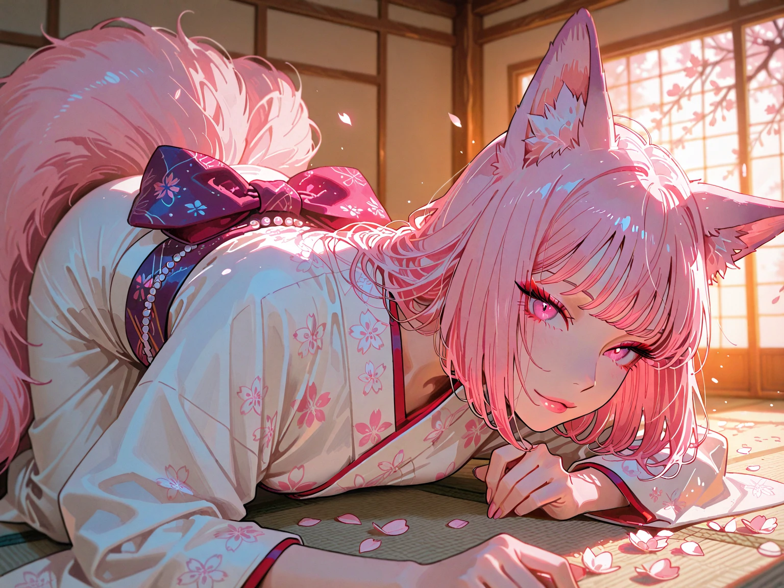 a female kitsune with big, long, and fluffy tail, gold, pink and white color fur, laying leisurely on a bed, wearing a kimono