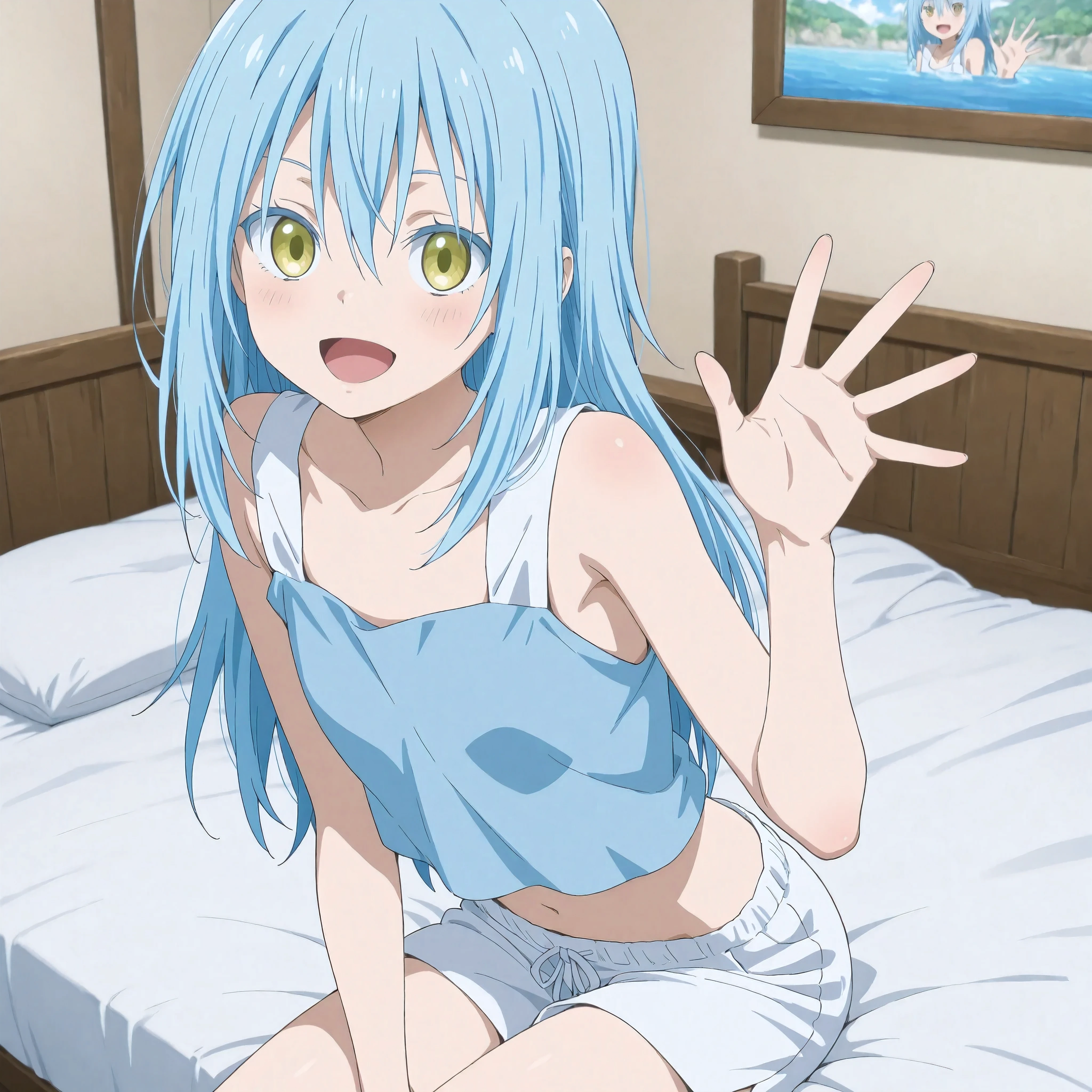 Rimuru Tempest, summer top, white shorts, bedroom, happy, open mouth,solo, sitting on the bed, waving at viewer, midriff