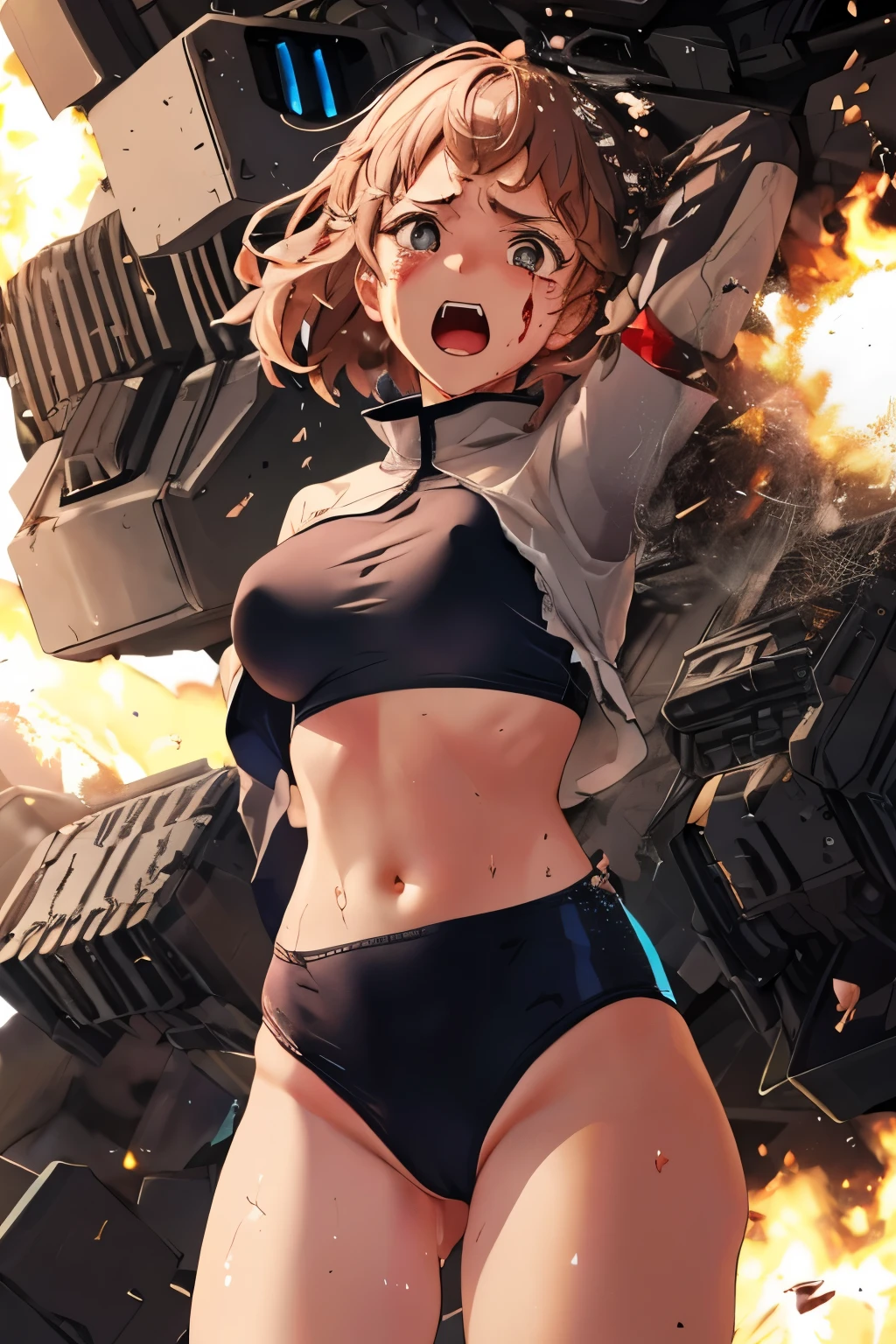 cockpit_explosion, fire, electricity, screaming, explosion, science fiction, wide-eyed, tearing clothes, standing, blood, scared, sweat, crying, mecha, torn clothes, tears, cockpit,1girl、wearing black gymnastics bloomers,high leg,white blouse,cowboy shot,self wedgie,bloomers pull myself,後ろに寄りかかる、体を反らせる、後ろに反らせる、串刺し、体を後ろに反らせる、エビ反り,爆風、衝撃、破壊、吹き飛ぶ、消滅、焼き尽くされる