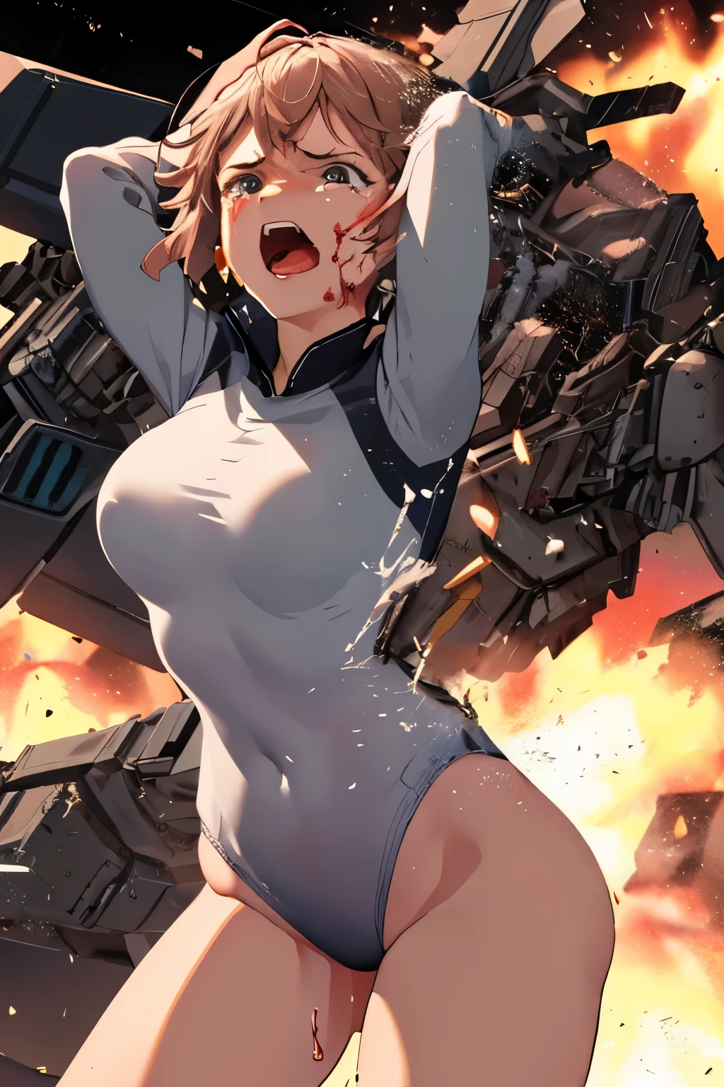 cockpit_explosion, fire, electricity, screaming, explosion, science fiction, wide-eyed, tearing clothes, standing, blood, scared, sweat, crying, mecha, torn clothes, tears, cockpit,1girl、wearing black gymnastics bloomers,high leg,white blouse,cowboy shot,self wedgie,bloomers pull myself,後ろに寄りかかる、体を反らせる、後ろに反らせる、串刺し、体を後ろに反らせる、エビ反り,爆風、衝撃、破壊、吹き飛ぶ、消滅、焼き尽くされる