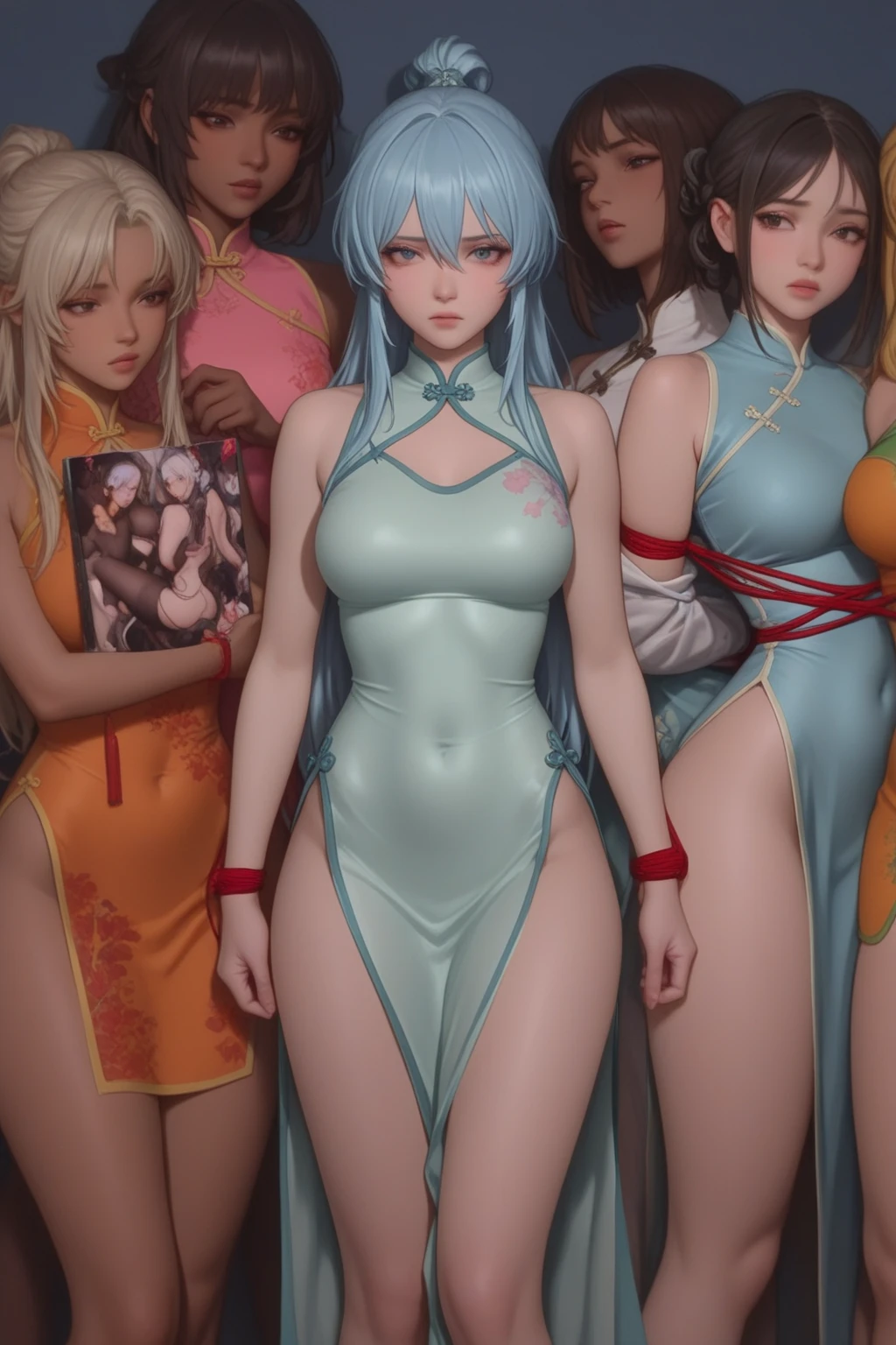 (masterpiece:1.2), (best quality:1.2), (extremely detailed:1.2), (photorealistic:1.1), (extremely detailed face), (ultra detailed), (8girls:1.1), (pussy close up:1.15), (standing:1.0), delicate eyes and face, (nipples:1.25), (venus bikini:1.0), (pussy:0.8), shiny skin, slim and petite body, high ponytail hair, (smile:1.1), (full lips:1.0), vintage hotel, <lora:venus_bikini_v0.1:1>