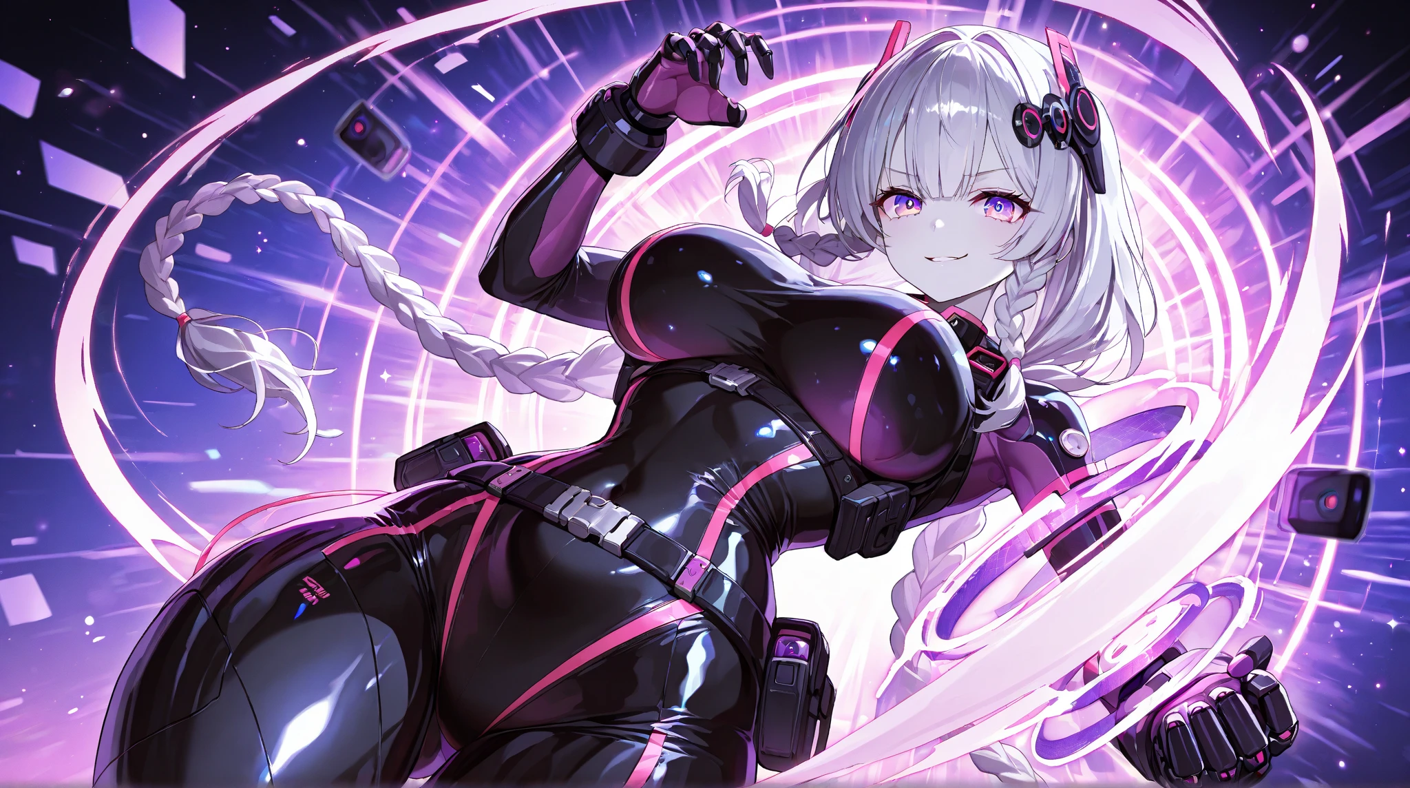 1girl, large breasts, wide hips, white hair, long hair, red eyes, serious, twintails, bikini, black bikini, v-string, shoes, sneakers, neon, neon trim, ((neon trim)), futuristic, tech, machinery, science-fiction