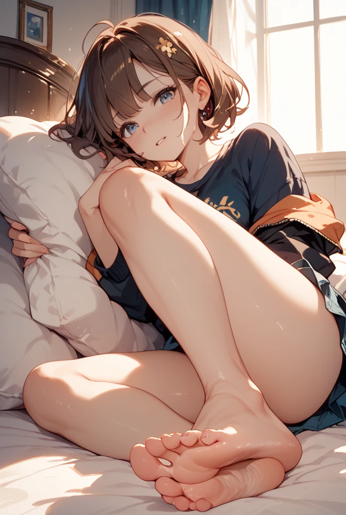 (1 person、solo), Beautiful woman, Anatomically perfect body, Slender、(Tight-fitting turtleneck sweater, detailed panty), (Lying on the bed), (legs up:1.2), (Pussy juice:1.1), (Cover your crotch with your hands), 18-year-old、(Look to the side)、(Highest quality)、Detailed beautiful eyes、Black Hair, short hair, bedroom、(8k, High resolution)、(shy:1.2)、Mid-chest, (steam:1.1), erect nipples、(embarrassed:1.4)、nsfw, From above