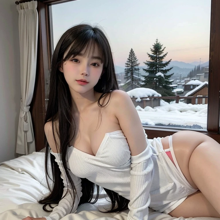 Beautiful woman tied up and bound、Well-formed face、Even out the eyes、Hands tied with rope、Align your feet、Bright interior、Dark colored short sleeve shirt、mini skirt、Look forward、White panties are visible、sitting on a chair in front of a glass door、You can see the snowy mountains from the window.、25talent、Medium meat、as in real life、highest quality、