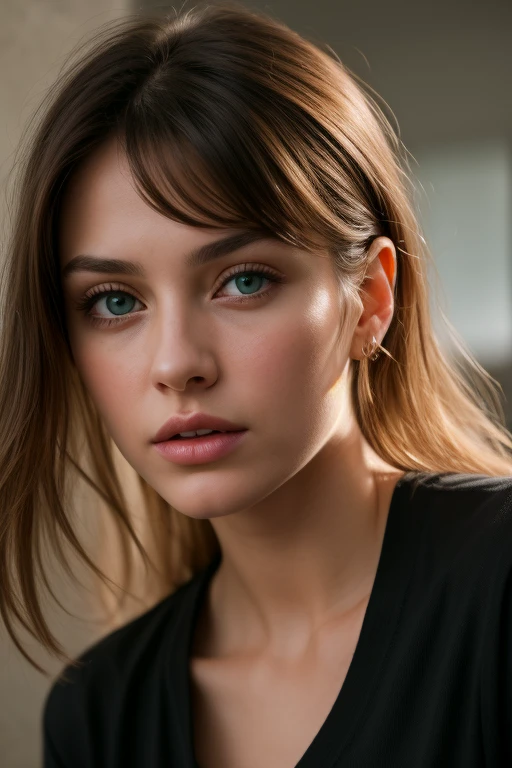 jeune femme type européenne avec les cheveux bruns et les yeux bleus avec de longs cils et une bouche pulpeuse très réaliste avec une excellente résolution 4K