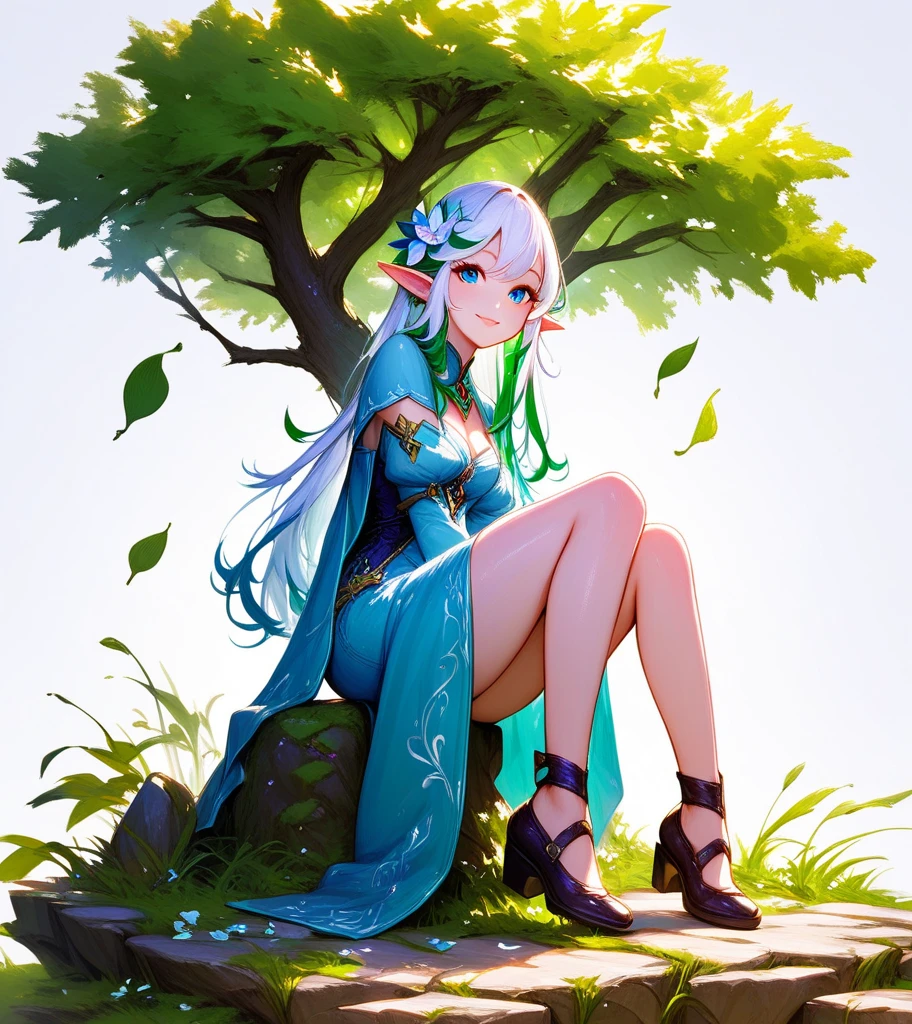 (grey background:1.2),score_9, score_8_up, score_7_up, score_6_up,<lora:GachaAzurLaneXLP6lokrV4236T3:0.95>, 1girl, breasts, smile,  fauna, fauna_base, long hair, antlers, braided bangs, two-tone dress, jewelry, white thighhighs, single thighhigh, green nails, green rose, mole under eye, sitting on a rock,  forest, trees,  <lora:faunaXL:1>, splash art, gacha splash art, large breasts,  toes, shoeless, detailed face, detailed eyes,