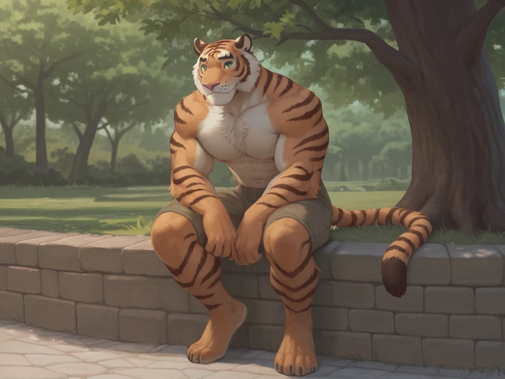 masterpiece, best quality, 8k resolution, Very detailed, hairy，tiger，((red hair))，muscle，Strong，超大muscle，((Sweating))，(((Purple pupils)))，For the audience，(((Ancient times)))，portrait，((()))，(Highest quality scene)，(((crotch cloth)))，(((grassland)))，(((Blushing)))，(((Hip bulge)))，(((Ultra clear eyes))，(((erectile)))，((Solitary))，((whole body))，(((Sunlight)))，(((sitting)))，((Mature))，(((Uncle)))，(((Orange fur)))，((Shame))，((Spread your legs))