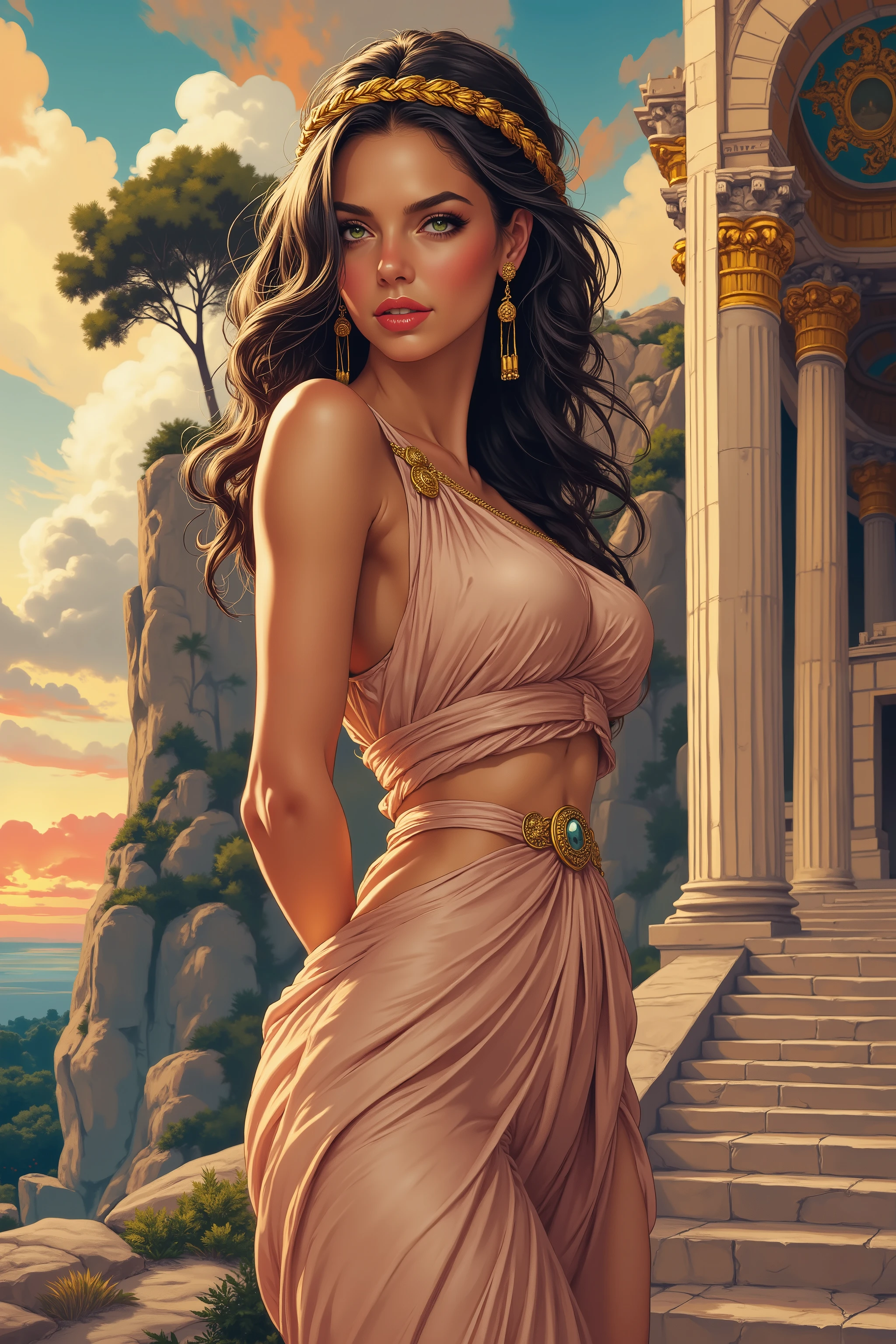 Illustrious, masterpiece, hyperrealism, best quality, full body, gorgeous woman, Greek heritage, goddess standing outside of a pantheon, voluptuous body, beautiful, perfect facial features, green eyes, realistic eyes, detailed eyes, medium breasts, anatomically correct, perfect anatomy, hair is long flowing lockes with elegant braided top, gold laurel wreath crown, sultry, erotic, sensual, sexy, high contrast, wearing thin see-through ancient Greek garments, stance is a slight angle with thigh and glute revealed from draped garment, turned and looking toward the viewer with a smirk and sultry eyes, beautiful detailed glow, high in the cliffs and foothills of Greece, pantheon stairs below, Greek architecture, gold trim and decoration, partly clouded sunny day, chiaroscuro, dramatic light, diffuse lighting, cinematic lighting, sculpture lighting, intricate detail, very detailed, high quality, high resolution