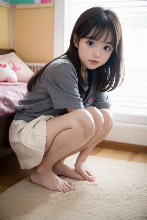 ((highest quality)), ((masterpiece)), (be familiar with), Perfect Face, Indian,9 years old,Girl,cute,Entrance of the house,night,Crouching pose,Prostration, legs spread wide