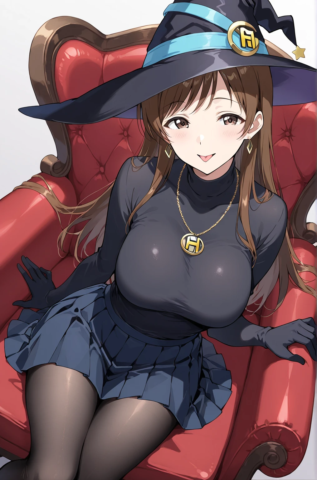 ((Tabletop, highest quality, High resolution, , Pixel Perfect, 4K, ))), Beautiful woman,, alone, beauty、The whole body is visible、 (((Sexy Witch Cosplay), Long dark blonde wavy hair、Off-the-shoulder jacket, Dark blue flared skirt、Witch Hat、 bangs,、Black knee-high stockings、)), ((Brown eyes, Beautiful eyelashes, Realistic eyes)), ((Detailed face, Blushing:1.2)), ((Smooth texture:0.75, Realistic texture:0.65, Realistic:1.1, Anime CG Style)), Center of chest, Dynamic Angle, Perfect body, ((No bra、I can see all my 、Nipples are slightly visible, Pink lace panties)), Leaning forward、Sit on a chair、Emphasize the chest、、Very embarrassing panic smile, 、Castle Town Square、( 、、、、)、Angle from below