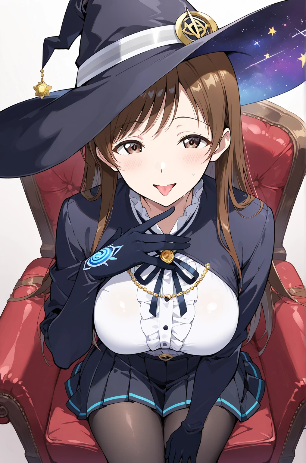 ((Tabletop, highest quality, High resolution, , Pixel Perfect, 4K, ))), Beautiful woman,, alone, beauty、The whole body is visible、 (((Sexy Witch Cosplay), Long dark blonde wavy hair、Off-the-shoulder jacket, Dark blue flared skirt、Witch Hat、, bangs, Pink lace panties、Black knee-high stockings、)), ((Brown eyes, Beautiful eyelashes, Realistic eyes)), ((Detailed face, Blushing:1.2)), ((Smooth texture:0.75, Realistic texture:0.65, Realistic:1.1, Anime CG Style)), Center of chest, Dynamic Angle, Perfect body, ((,)), Sleep in bed、Lying on your back、Emphasize the chest、、Very embarrassing panic smile, 、Luxury castle bedroom、( 、、、、)、Angle from below