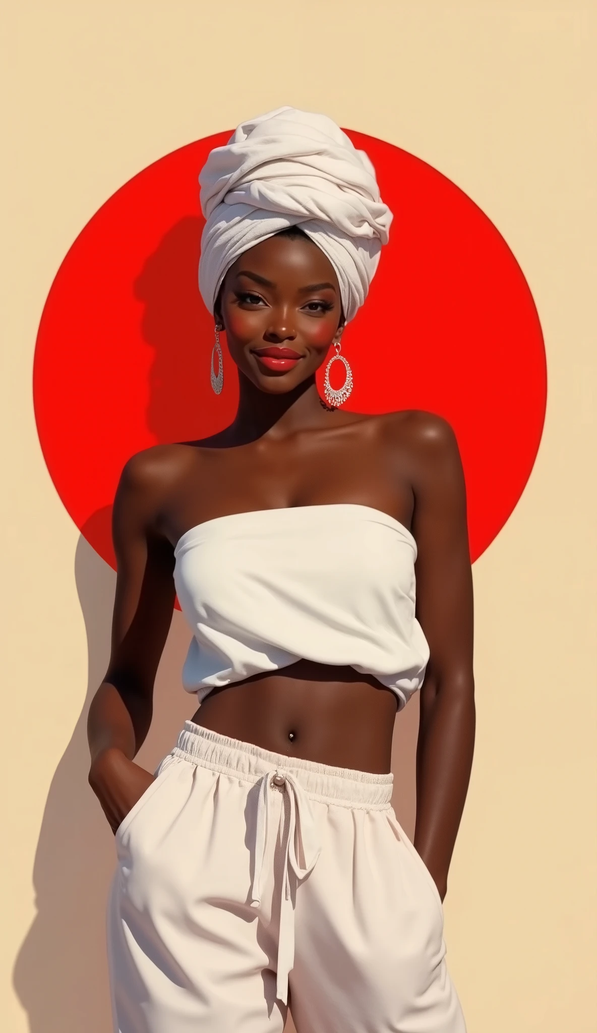 young black woman, smooth skin, tied hair, simple white turban on head, strapless top, exposed belly, pants, full lips, red lips, smile, beige background, red circle