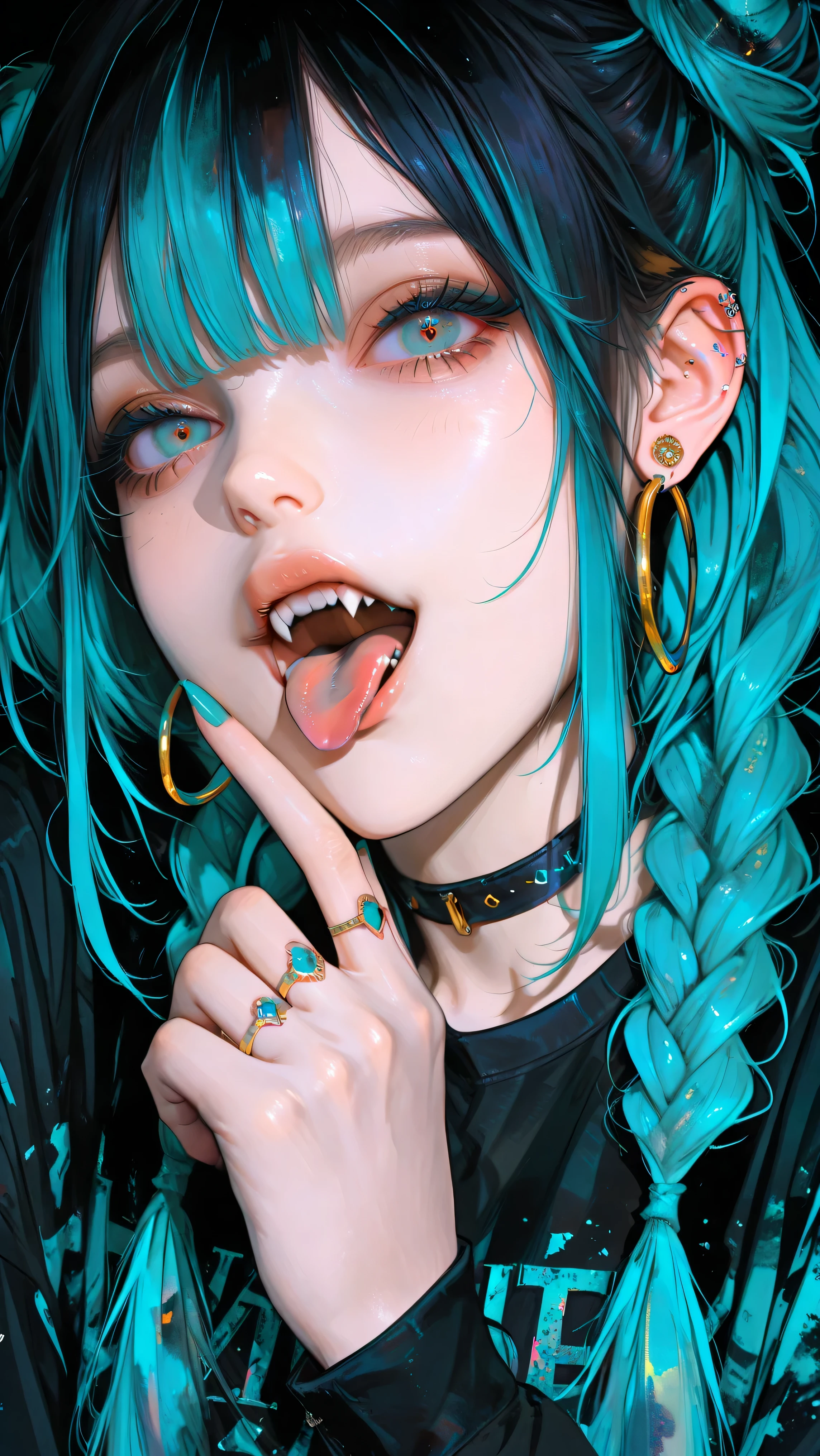 A confident young woman with a dark complexion and vibrant turquoise braids in two messy buns. She has striking light blue eyes, fangs, and her tongue sticking out in a playful expression. She is wearing a black t-shirt with a ripped neckline and a colorful, abstract graphic design, and a spiky black choker. She has multiple gold rings on her fingers and large hoop earrings. Her hands are up near her face with her fingers splayed. The style is a highly-detailed, vibrant digital painting with a strong focus on the character.