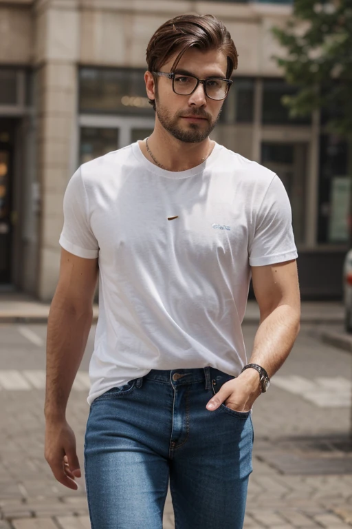 A man with an authoritative and passionate face, with a thin beard using glasses. Neat undercut haircut. Casual outfit white t-shirt and black jeans