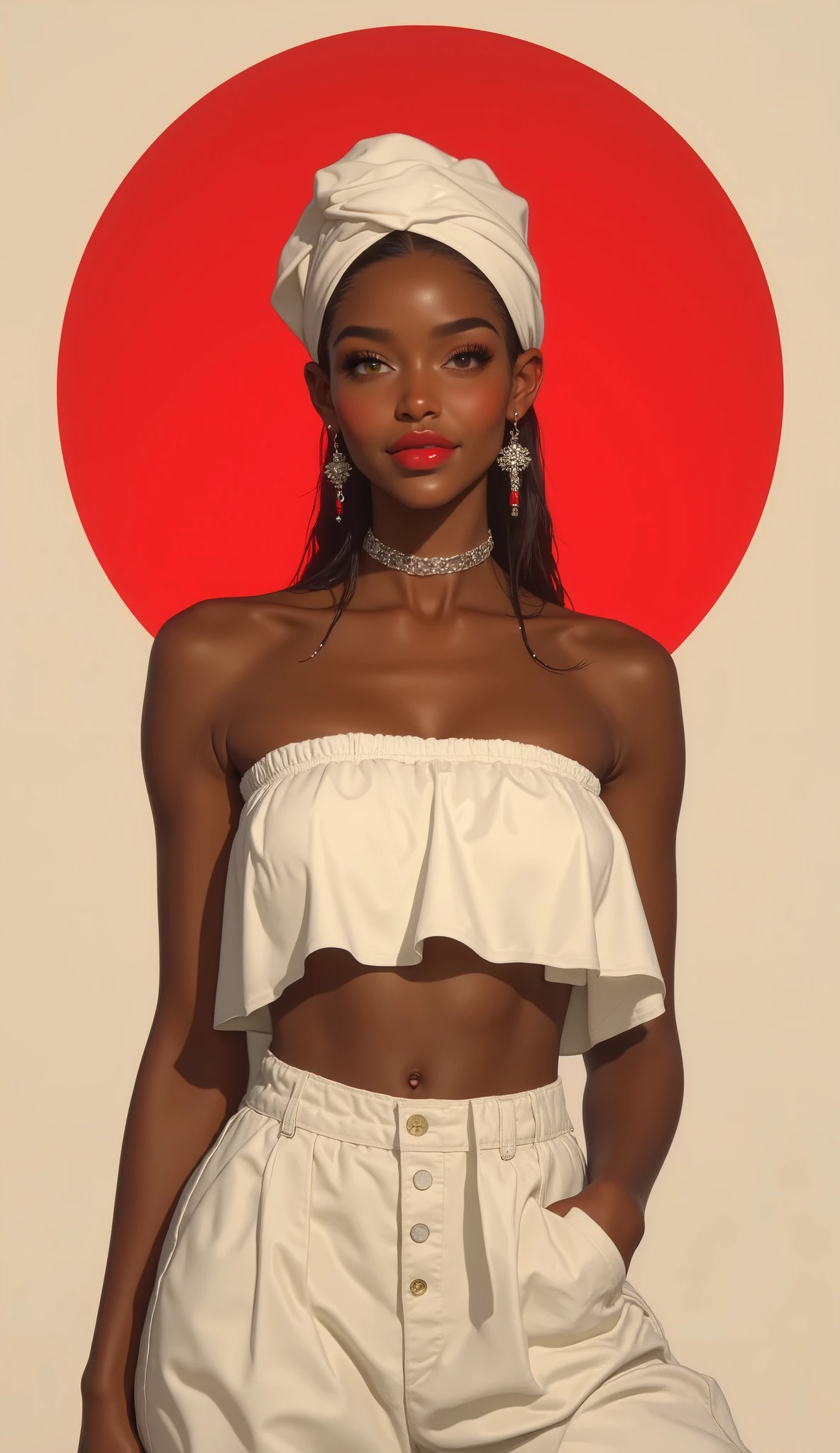 young black woman, smooth skin, tied hair, simple white turban on head, strapless top, exposed belly, pants, full lips, red lips, smile, beige background, red circle