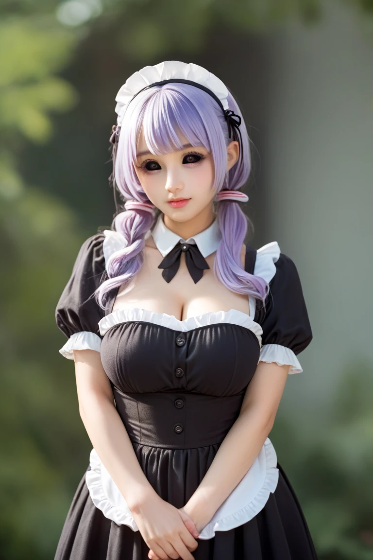 8K、highest quality、Coffee shop、girl、Dark purple hair、Twin tails、Big pink ribbon、Delicate face、smile、Beautiful little eyes、Blushed face、Pink maid outfit、Beautiful feet、Captivating thighs、Big Tits:1.8、Big Ass:5.5、 Narrow waist、Beautiful curves、Glowing Skin、Fair skin、Carrying coffee、