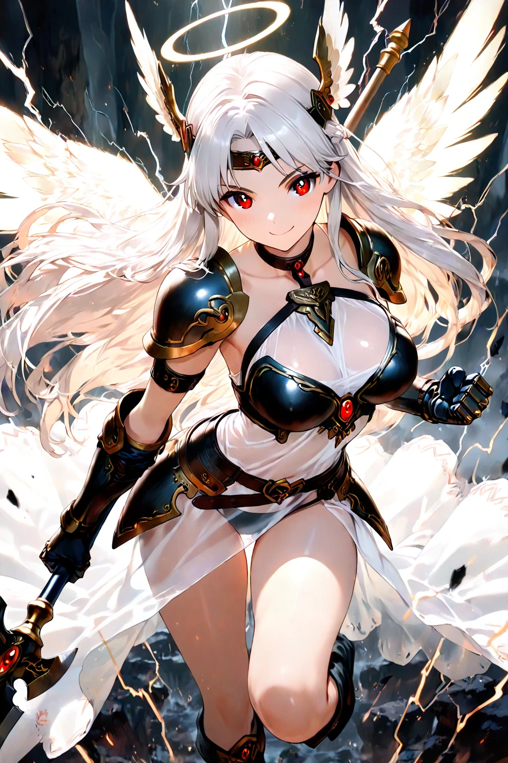 fantasy, 1devil_girl, low_teen, platina_blond_hair,long_bangs, bare_shoulder, navel out, thighhighs,silver_armor, red_clothes,waist_armor, Glebe, hold_swords, large_tits, dynamic_floating_pose,Floating,(pelvic_curtain:1.3), silver_Headgear ,looking_down_at_sunrise_city_sky_background,,slightly_spread_legs,solo,horn ,smile,,open_legs,open_arms,rise_knee,rise_leg,rise_thigh,rise_leg,apart_legs,fang,Shiny_gold_eyes,crotch