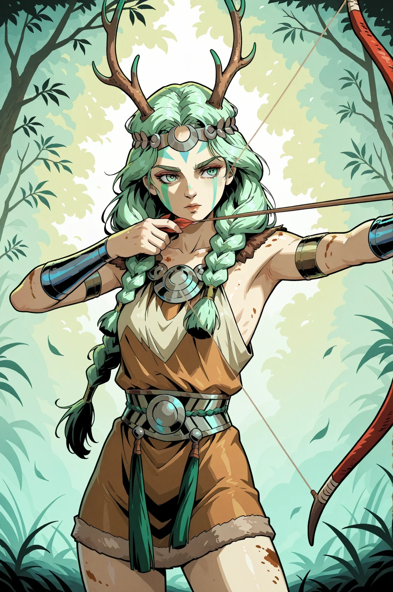 1girl, Artemis from Hades, young goddess, fair skin dirt on skin, slender, green braided hair, green face paint, wearing furs, antler headband, aiming her hunting bow, alone, in full view in a highly detailed watercolor comic art style