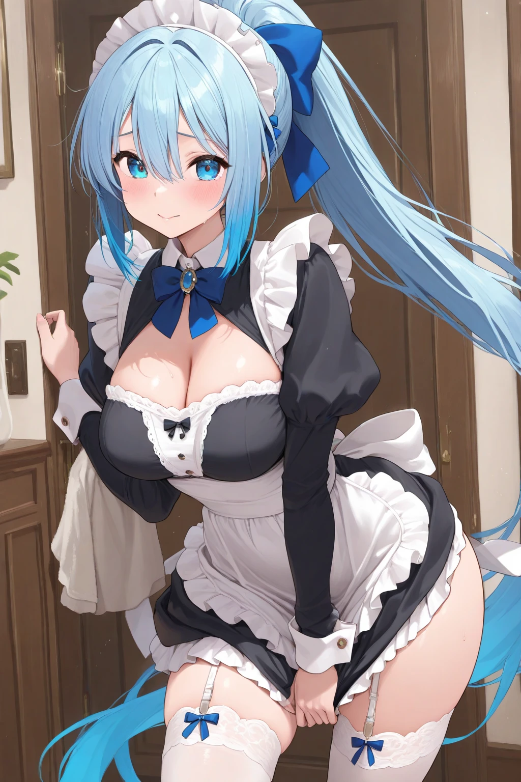 ((highly detailed)), genshin impact, ganyu, perfect human hands, (great breast:1.1),masterpiece, best quality, ultra-detailed, glistening shiny, glowing light, ray tracing, HDR, deph of field, (perfect face, detailed face, detailed eyes,perfect hands,perfect fingeredium :1.2),8k,HD,ultra realistic face,ray tracing,perfect lighting,best quality, ultra-detailed, shiny eyes, (looking at the distance, serious:1.1), ((1girl:1.2)),cowboy shot,thicc,streaked_hair,((blue gradient hair)),multicolored eyes, gradient eyes, (glowing eyes:1.5), mascara, (fashion make up), (parted lips,blush, cafe maid, cafe, inside cafe, maids, tables, food, restaurant:1.4),((super detailed background)), dynamic poses, ((8k wallpaper)), (mature female), white headwear, black thighhighs, (((mini skirt:1.4))), gigantic sagging breast, (ganyu horns), (((ass focus))), (((panties))), (((white underwear))), crouching, ((cleaning))