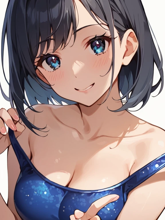 masterpiece, highest quality, ultra high resolution, (realistic photo: 1.4), ((1 girl, pale white skin: 1.4, kneel down, From above, looking up at the viewer, close up of face, 19 years old, cute, cute, black hair, game, short hair with bangs, big breasts: 1.6)) (bikini swimwear: 1.3, Blue and white two-tone swimsuit, Glossy shiny swimsuit, Glossy shiny swimsuit, Shiny swimwear with reflective surfaces, soaking wet body: 1.2) (portrait of famous japanese actress), (smile, Happy, Joyful, Hilarious, close your mouth), (chest between chest and arm), highly detailed eyes, ((((really pure white background, no background)))), long neck, (short hair with bangs)))), eyelash, Big eyes, (so beautiful, so beautiful)), ((((Natural light))))