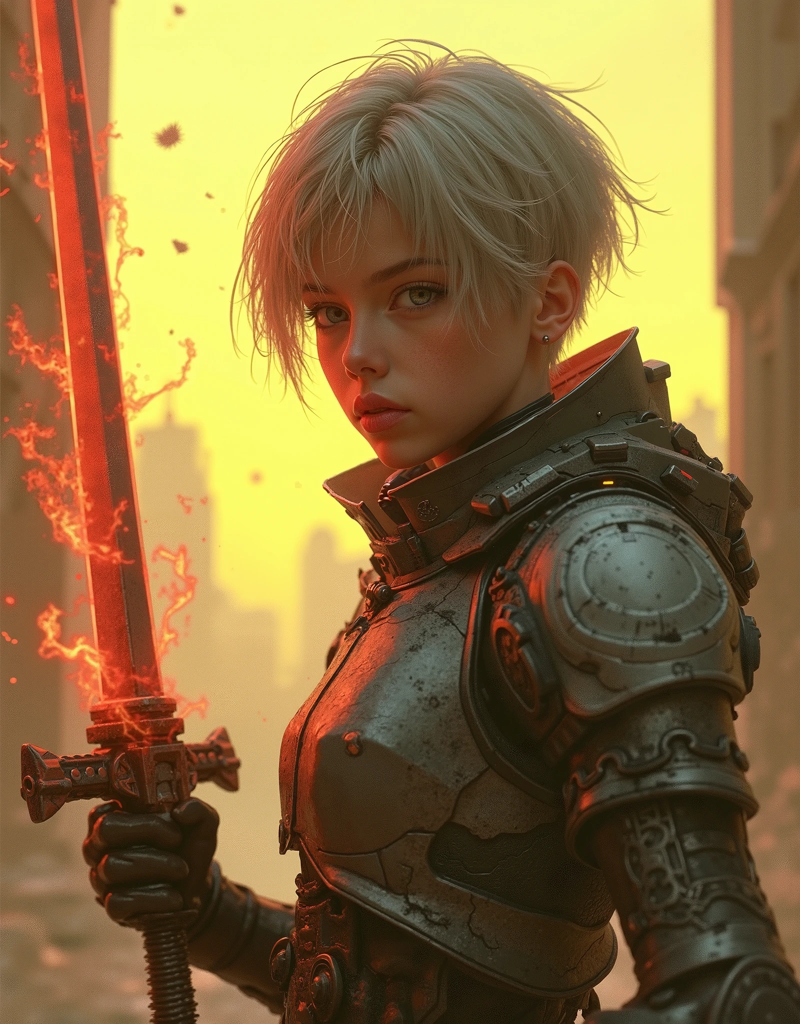 young female Templar warrior of the distant future,(is the style of the Warhammer universe,)short-haired pixie Templar woman,in powerful high-tech heavy armor Templar of the Future Stormtrooper War,the style of the Templar ,hyperrealism,super detailed, close angle,focus her unearthly light gray eyes,(50% Scandinavian appearance and 50% Slavic appearance)),Templar fighter, SCI-FI,against the background of an unknown destroyed temple of the future on a distant planet,in her right hand a melee plasma sword(exuding a scarlet golden stream of plasma), worn armor on her body,with traces of past battles,she proudly looks forward,above her yellowish alien sky,ready for battle,