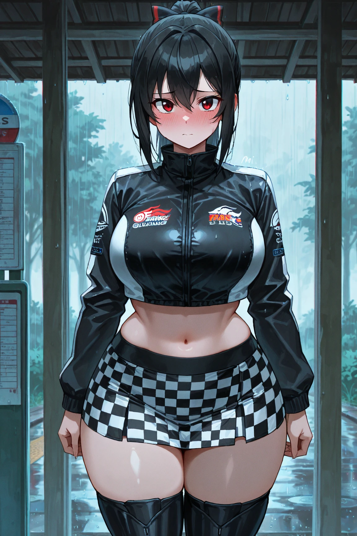 (Masterpiece), Best Quality, ultra-detailed, 1girl ( anosillus II, Slender and sexy body, Big and pretty breasts, naked body, dark green hair, brown eyes), a seductive face, smile, open mouth, solo, nose blush, blush, facing viewer, looking at viewer, racing queen, white leotard, long gloves, white thighhighs, big flag(black pattern), umbrella grab, in the racing circuit, standing , Sexy waist teasing , a seductive pose