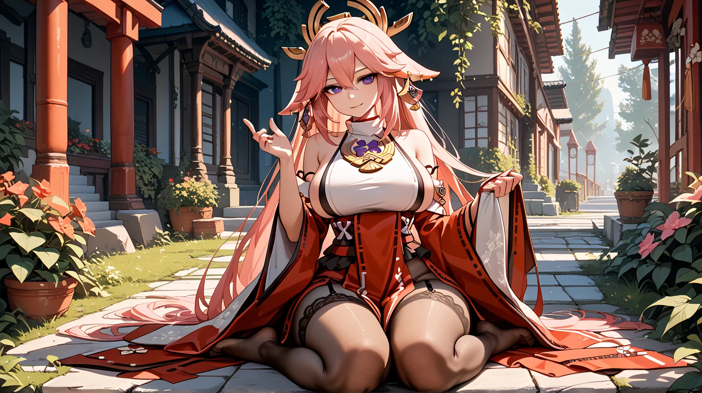 1girll,Yae Miko,heterosexuality,1boys,A pink-haired,thigh high,nedium breasts,long whitr hair,Large breasts,censorship,Sexual huge breasts cleavage,Purple eye,Sleeve separation,mosaic censoring,looki at viewer,Vaginal thrust by,bare shoulders,By bangs,exteriors,Animal ear,sit astride,Cowboy pose,girl on top,The legs,Blushlush,Skysky,ssmile,In the daytime,blue-sky,hair adornments,Bursts,Single focus,jewely,Even cats,耳Nipple Ring,Japanese style costume,Sat down,the feet,red fox,hor ears,clouds,a skirt