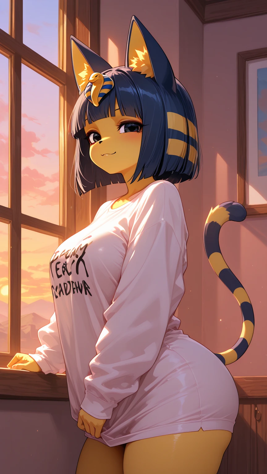 solo, cat, yellow fur, glasses, teacher's suit,tacher, high angle shot,by bebebebebe, female, skirt, seat, sweaty,wet clothes, transparent clothes, ankha ,  (flat chest:1.2),(male chest:1.2),thin legs,by sagaris uwu,ankha