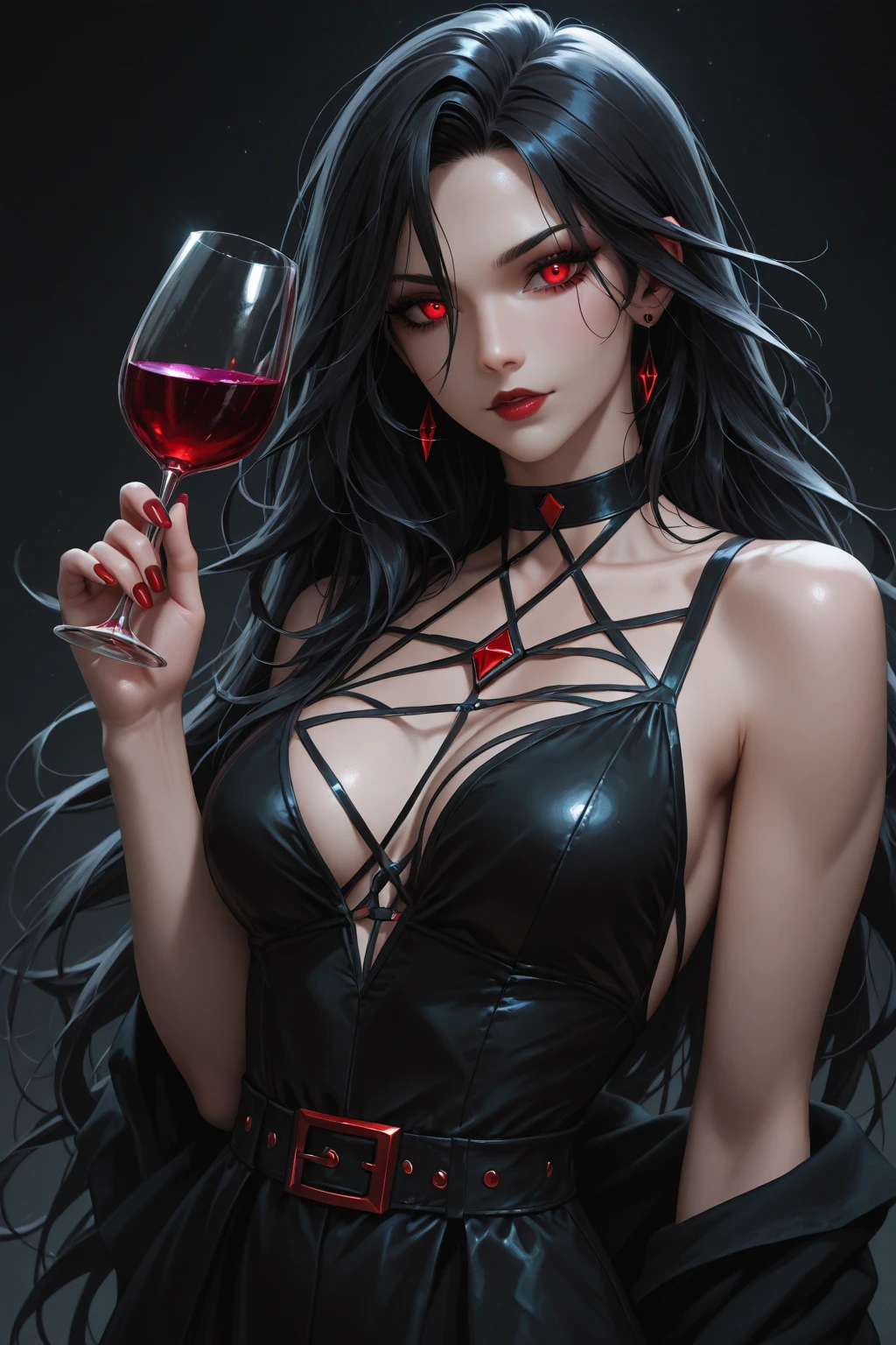 Arafed, dark fantasy art, glamour shot, award winning shot, photorealistic, a portrait of a female vampire drinking a ((glass of blood)), dynamic hair color, dynamic hair style , long hair, red lips, (glowing eyes: 1.5), dynamic eye color, dynamic color, she wears, an elegant (black dress: 1.5), catholic church and altar background, bar background, 16k, ultra detailed, masterpiece, best quality, (extremely detailed), rpg portrait, art by mooncryptowow, photograph
