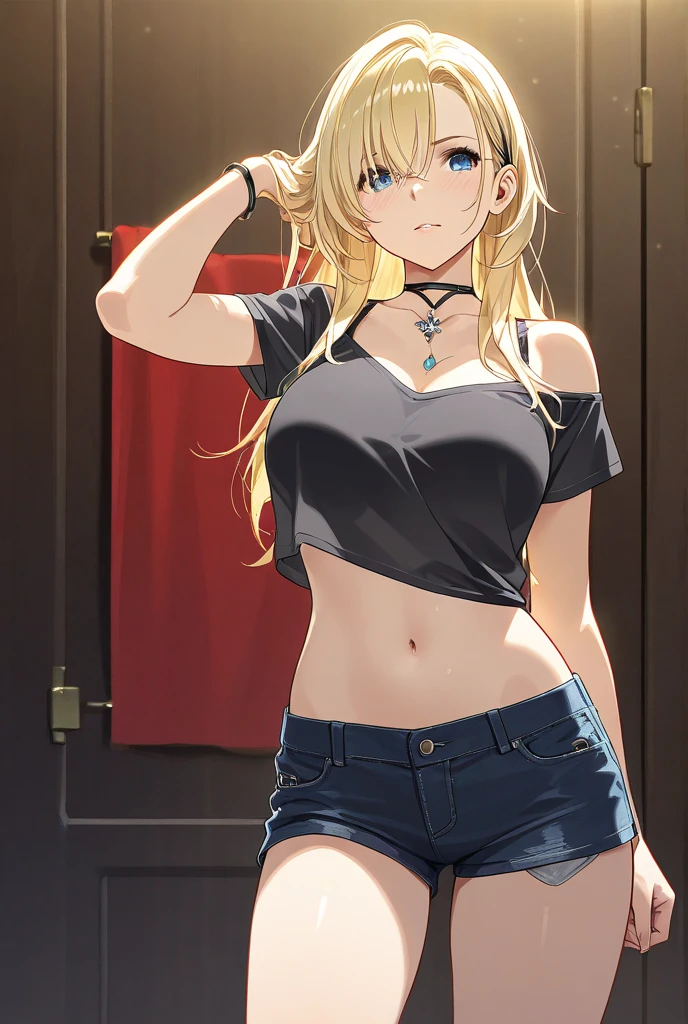(masterpiece:1.2), best quality, high resolution, Unity 8K wallpaper, (illustration:0.8), (Beautiful and delicate eyes:1.6), Extremely detailed face, Perfect lighting, Extremely detailed CG, (Perfect hands, Perfect anatomical structure),1 girl, , Solitary, , Black_shorts, Play_, Purple_With eyes, shorts, Lopez,gold_hair, Double tail, hair_deco, fail, fail_, blush, curtain, sit, Sweating, Dutch Cupola_Cupola, indoors, fail_Play_, _Shoulder, band_Clip Slip, By Bangs, Deactivate_beak, star_(Symbolism), _top, short_shorts, star_hair_deco, window, V-shape_Eyebrows are very, clavicle, vague, Large_, _Clip Slip, Ahog, dolphin_shorts, Play_Plays, vague_background, Jewel-like, Side lock, White__top, varies through, shirt, short_Double tail, breast,nipple,underwear,White_shirt,
