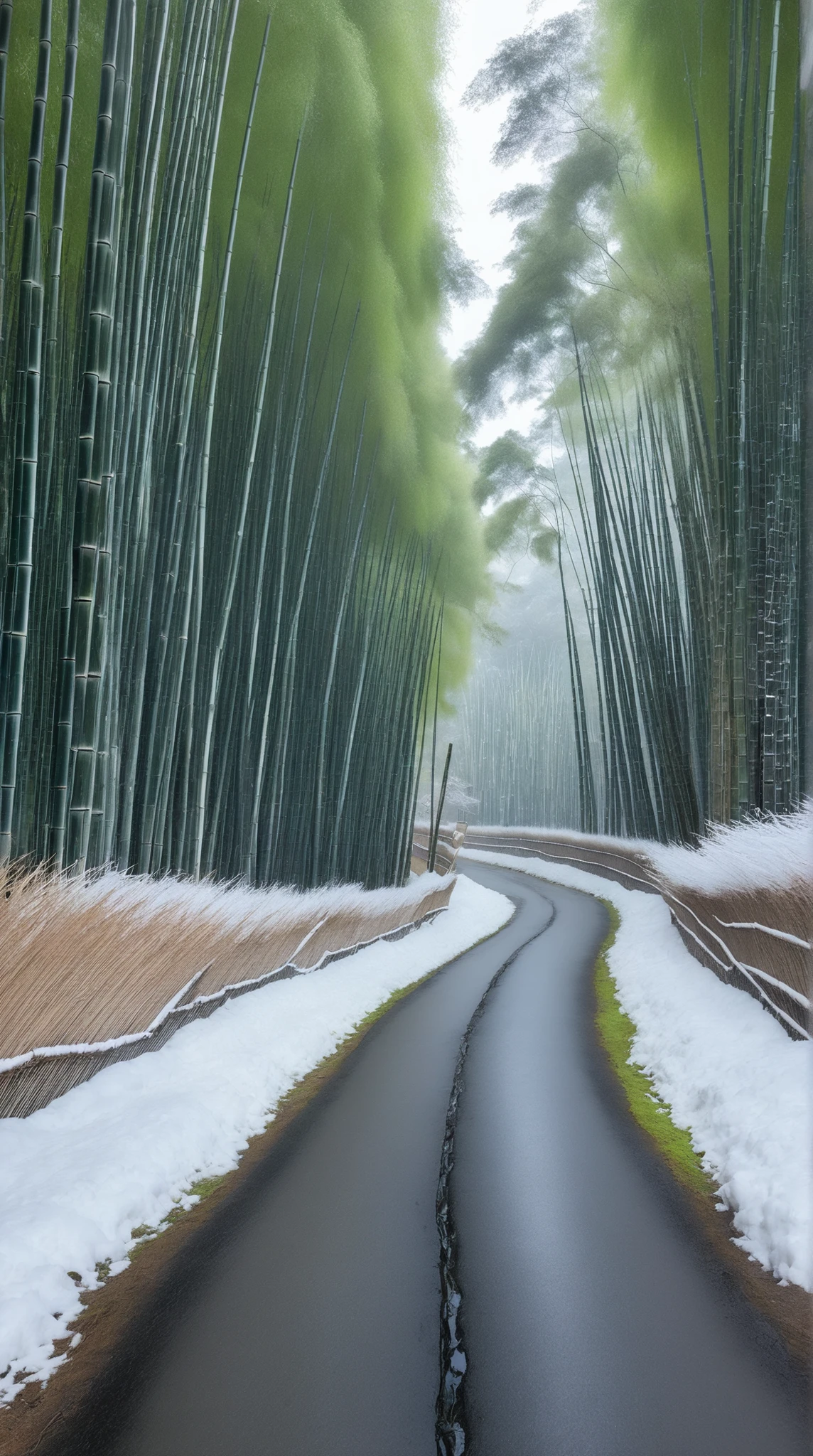 The high-definition image、Snowy landscape along Sagano Bamboo Forest Road in Arashiyama, Kyoto、Snow piled up on bamboo and snow on the road 柵、Spectacular views。