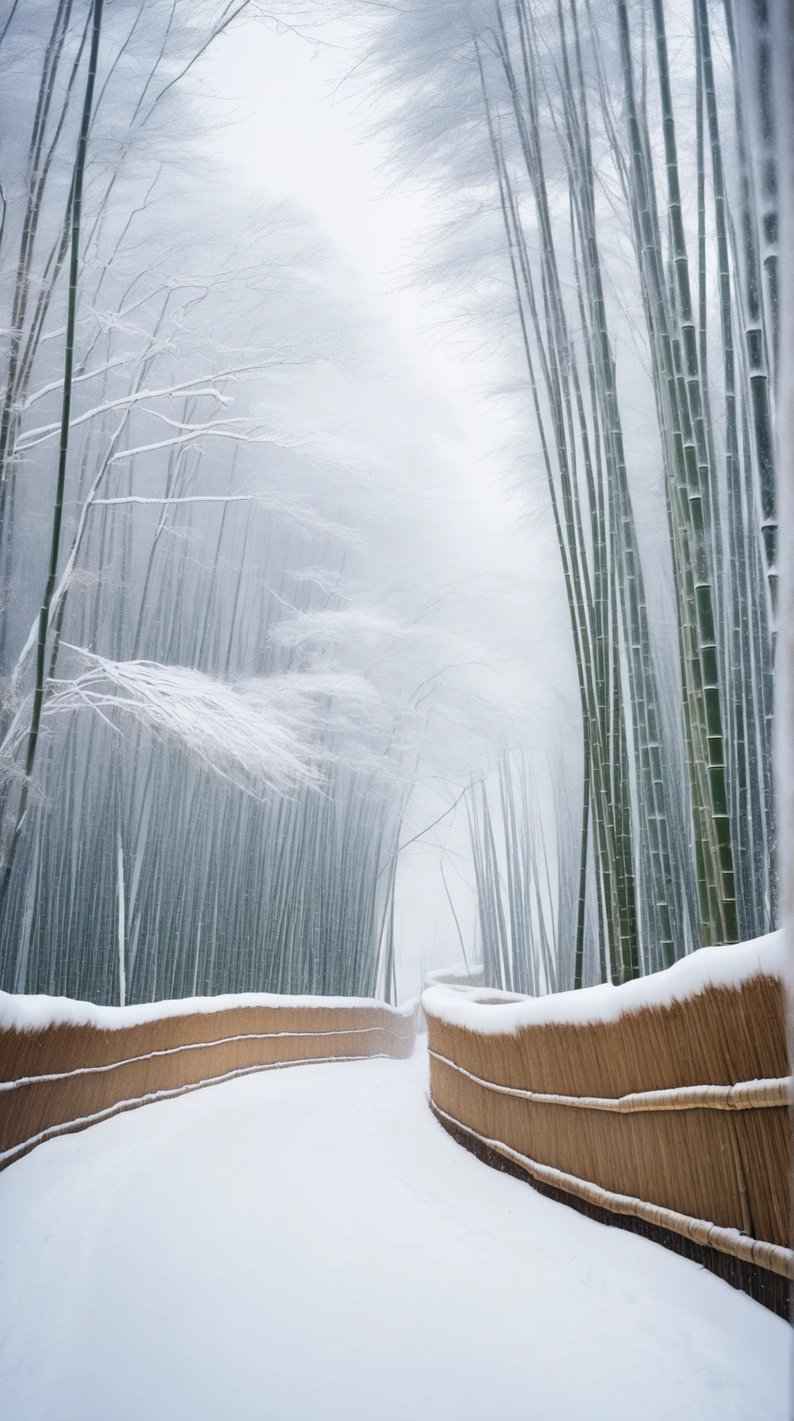 The high-definition image、Snowy landscape along Sagano Bamboo Forest Road in Arashiyama, Kyoto、Snow piled up on bamboo and snow on the road 柵、Spectacular views。