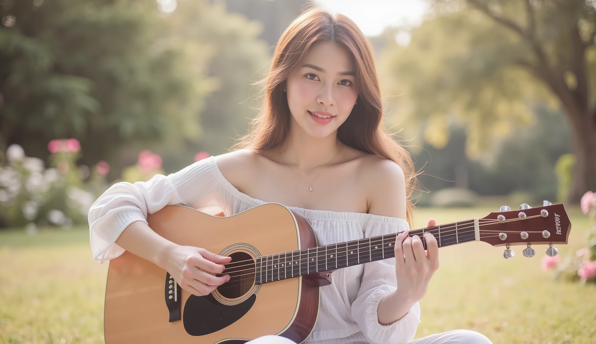 Generate an ultra-realistic image of Sophia Garcia, a 20-year-old Turkish woman, sitting on lush green grass in a peaceful outdoor setting. Sophia is playing the guitar with skill and enthusiasm, and she has a joyful smile on her face. The natural surroundings should be realistically depicted, with a focus on the serene and harmonious atmosphere. Sophia has orange colored light hair and brown eyes, and Turkish face features. Emphasize the ultra-realistic quality of the image, aiming for a photograph-like level of detail.