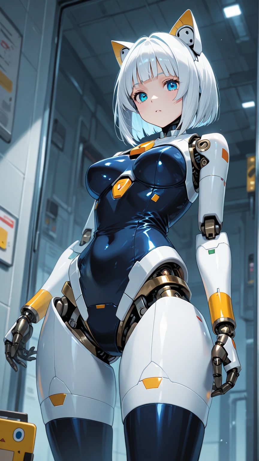 (Photorealistic:1.8, highest quality:1.8,8K masterpiece:1.8,High resolution,Mastepiece:1.8,RAW Photos,Cinematic lighting),No split screen、noon、White Lab、Cyborg 1 Girl、Angle from below、
(Real skin texture:1.3)、(choker、Knee-high long boots、High leg bloomers)、Uniforms that expose the underside of the breasts)、(Underboob)、(Mechanical Art: 1.4)、(Mechanical Limbs)、(Mechanical spine attached to the back)、(Mechanical cervical vertebrae attached to the neck)、Metallic Mask、Beautiful expression、Beautiful Face、 (Shortcuts、Beautiful, shining red, yellow, blue, white and silver hair:1.5)、Detailed blue eyes、Stoic、Random Pause