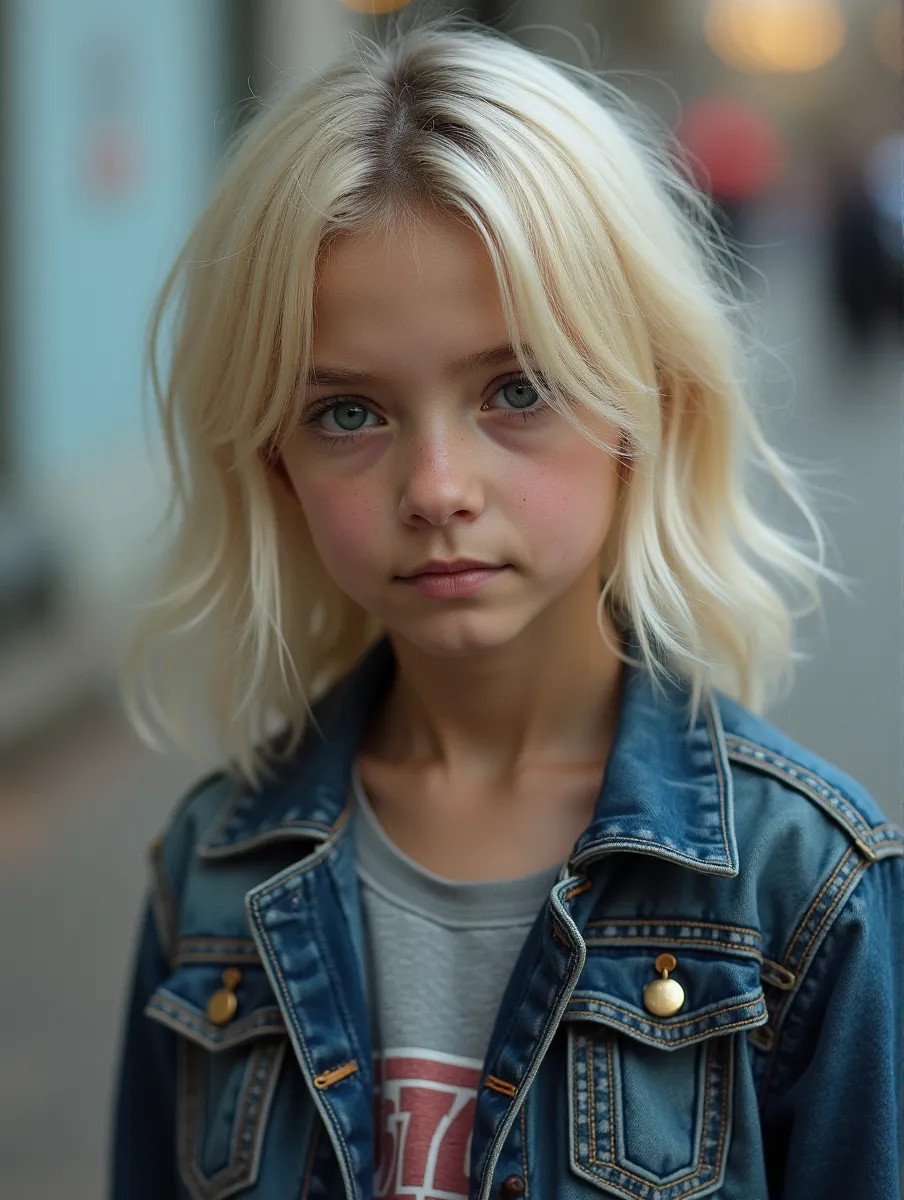 Cavalgar na tempestade, THUNDERBOLT, GIRL CHILD 8 YEARS OLD BLONDE HAIR, LONGOS ,CLOSE UP, ESTILO RUSSA DE fones de ouvido, CASACO DE PELE PRETA.