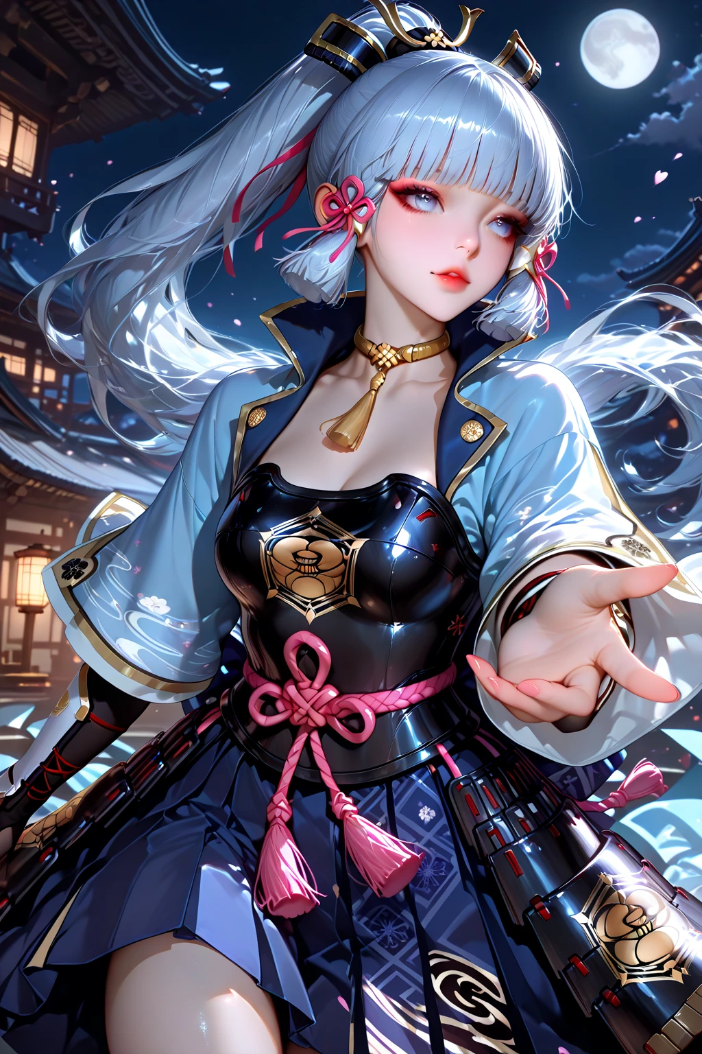 animetoreal, masterpiece, best quality, very aesthetic, absurdres, 1girl, mature_lady,,Kamisato Ayaka,Kamisato Ayaka(genshin impact), light blue hair, blunt bangs, a small gold ornament, grey eyes, ponytail ,,in the mountain,gorgeous Fireworks in sky,