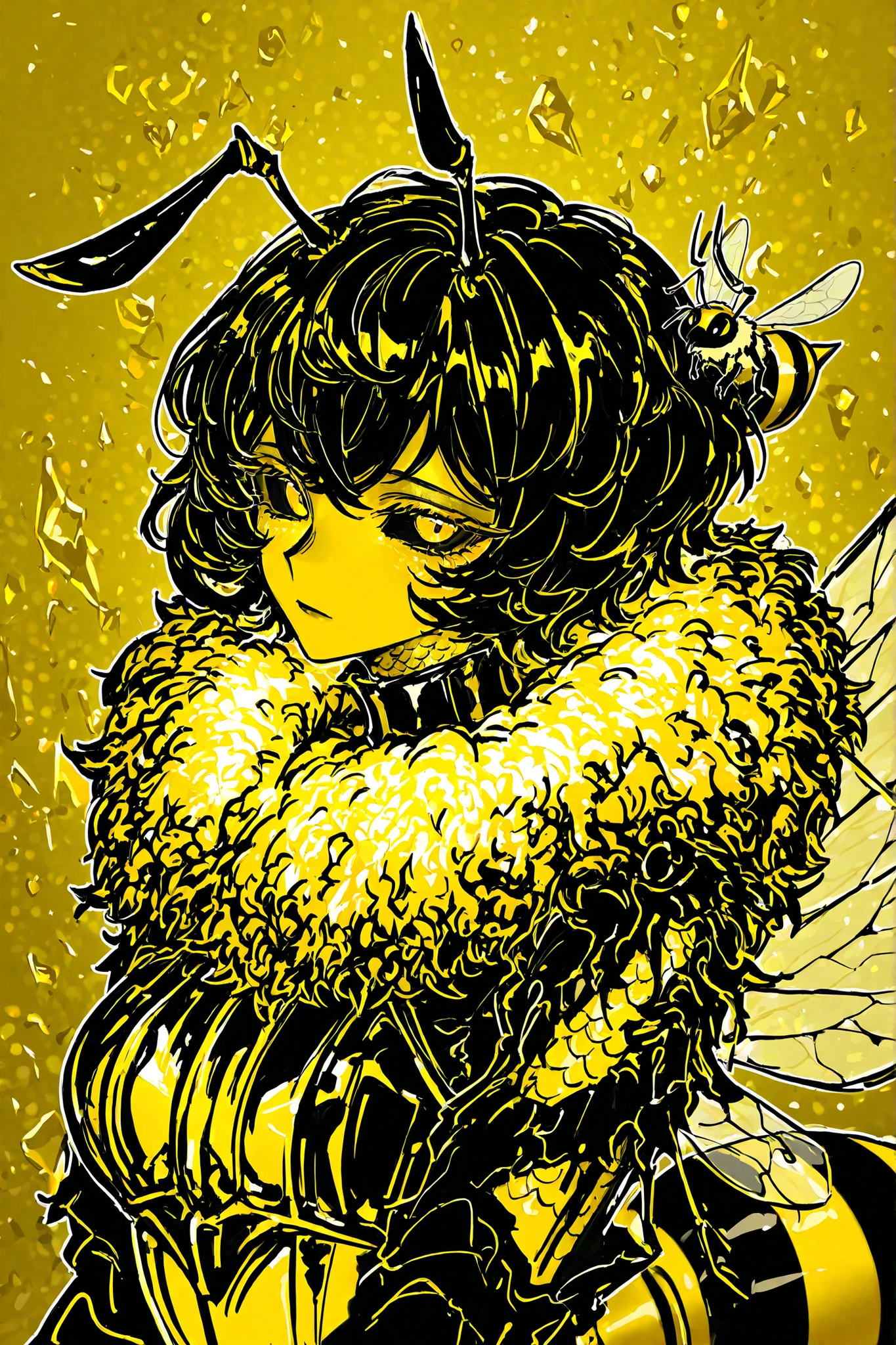 (xxx667_illu,honeybee, antennae,) Girl is honeybee knight. She has glossy golden yellow copper skin. she has large black sclera and irises. She is wearing striped black and yellow armor made of chitin scales. She has a high fluffy collar around her neck. She has black, unruly short curly hair, a wolf haircut. She has sharp chelicerae. She has a pair of transparent bee wings. She holds a black spear with a golden sting in her paw. In the background:a dark gold castle in the style of a bee hive, the kingdom of bees.