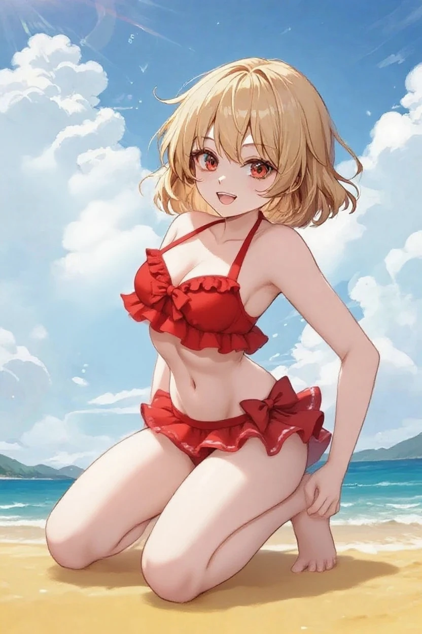 Chisato Nishikigi、Good looking girl (Short blonde hair with square bangs, Big Red Eyes, Red ribbon,blush, Perfect Face), independent , looking at the camera, masterpiece, Anime art style, Cute Characters, Most detailed, high quality、Nico Nico Smile、Wearing a sexy bikini、Playing in the sea