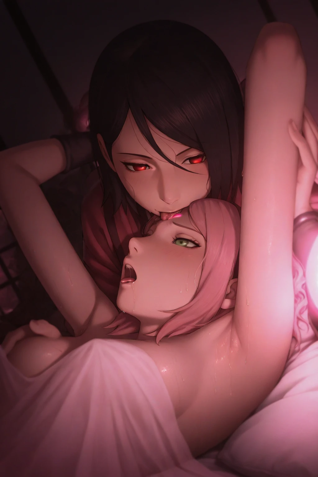 small breasts wavy long washed pink hair woman with green eyes, big breasts long straight black hair woman with purple eyes, licking neck, nigh gown, lace clothes, on bed, mature women, 25 years old, femenine bodies, yuri, anime style, sexy lesbian sex, licking body tease, 2d, manhwa style, 
