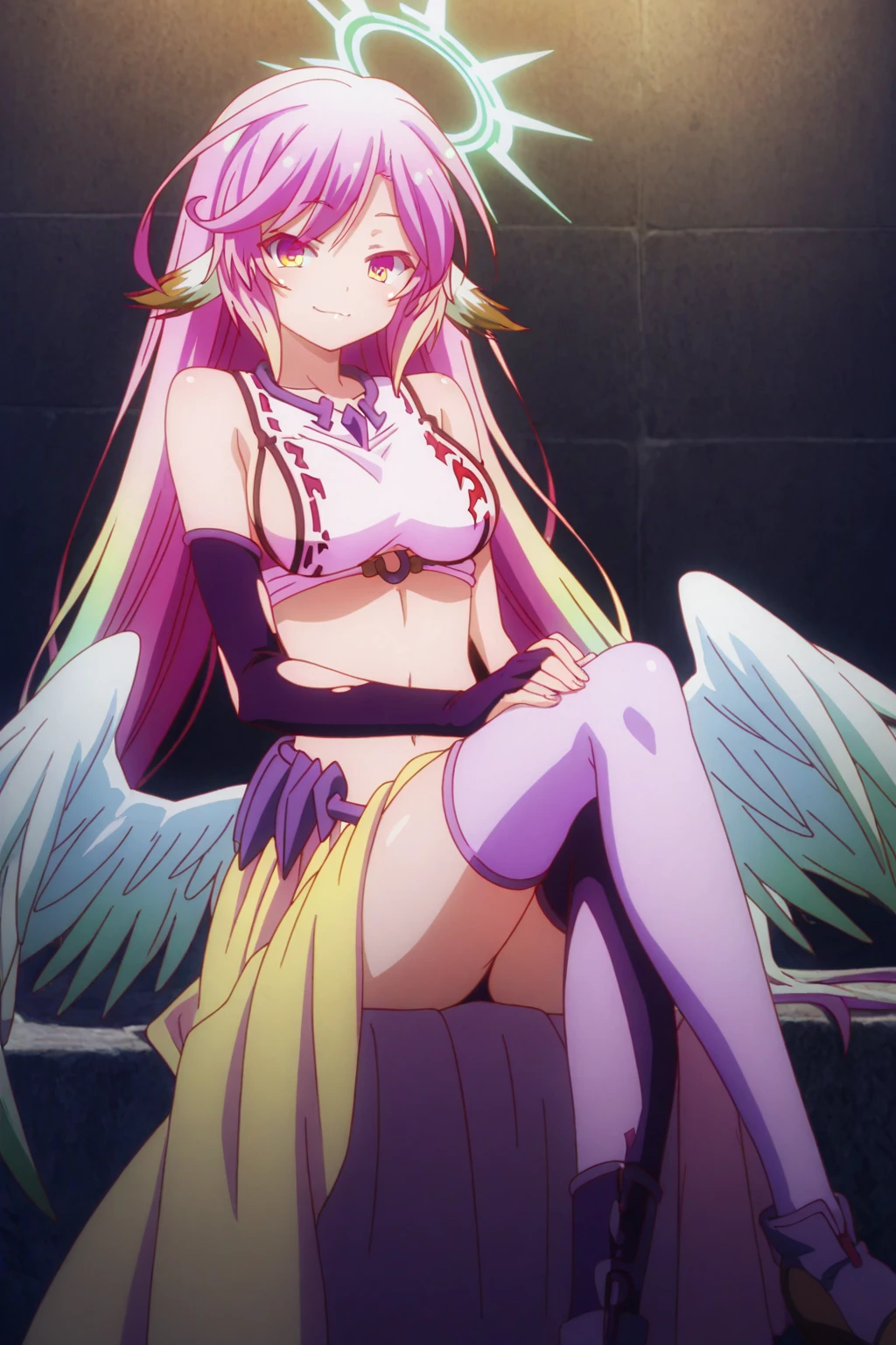 <lora:jibril:0.5>jibril, 1girl, solo, long hair, breasts, looking at viewer, blush, smile, open mouth, large breasts, thighhighs, gloves, navel, animal ears, very long hair, yellow eyes, pink hair, wings, teeth, midriff, crop top, orange eyes, symbol-shaped pupils, tattoo, halo, cross, single thighhigh, bridal gauntlets, feathered wings, asymmetrical legwear, angel wings, white wings, angel, low wings, mismatched legwear, magic circle, bird ears, compass rose halo