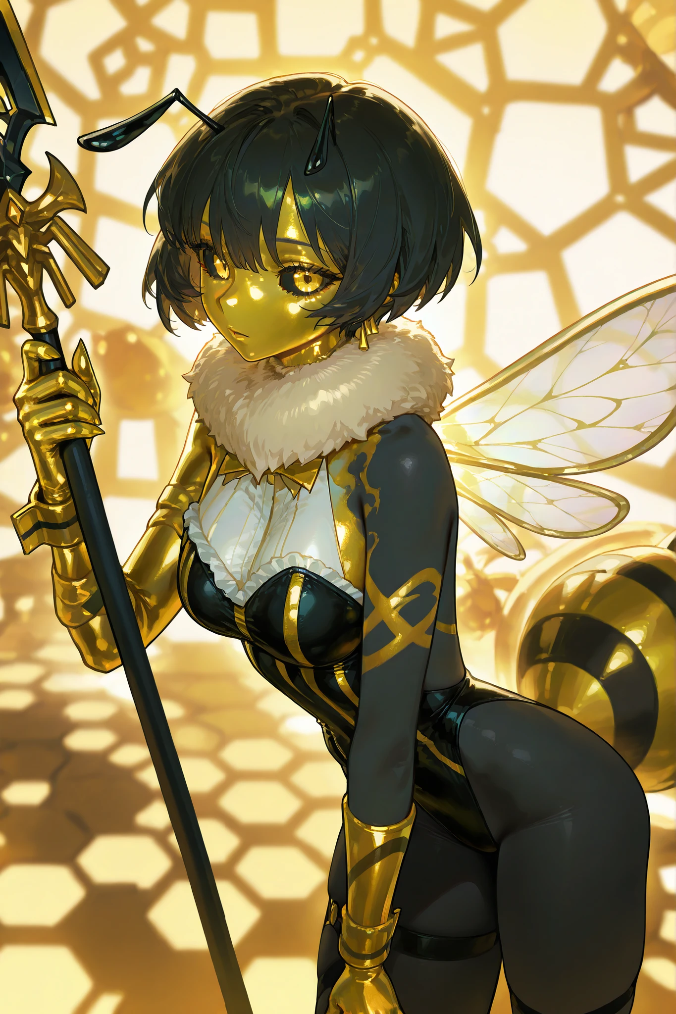 (honeybee, antennae,) Girl is honeybee knight. She has glossy golden yellow copper skin. she has large black sclera and irises. She is wearing striped black and yellow armor made of chitin scales. She has a high fluffy collar around her neck. She has black, unruly short curly hair, a wolf haircut. She has sharp chelicerae. She has a pair of transparent bee wings. She holds a black spear with a golden sting in her paw. In the background:a dark gold castle in the style of a bee hive, the kingdom of bees.