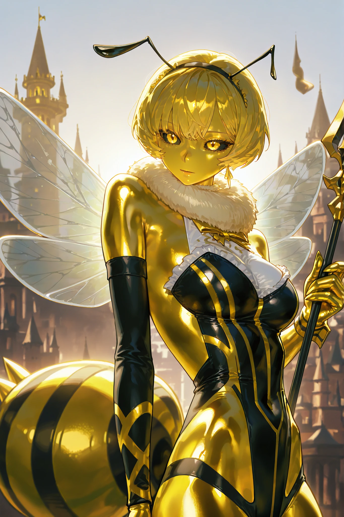 (honeybee, antennae,) Girl is honeybee knight. She has glossy golden yellow copper skin. she has large black sclera and irises. She is wearing striped black and yellow armor made of chitin scales. She has a high fluffy collar around her neck. She has black, unruly short curly hair, a wolf haircut. She has sharp chelicerae. She has a pair of transparent bee wings. She holds a black spear with a golden sting in her paw. In the background:a dark gold castle in the style of a bee hive, the kingdom of bees.
