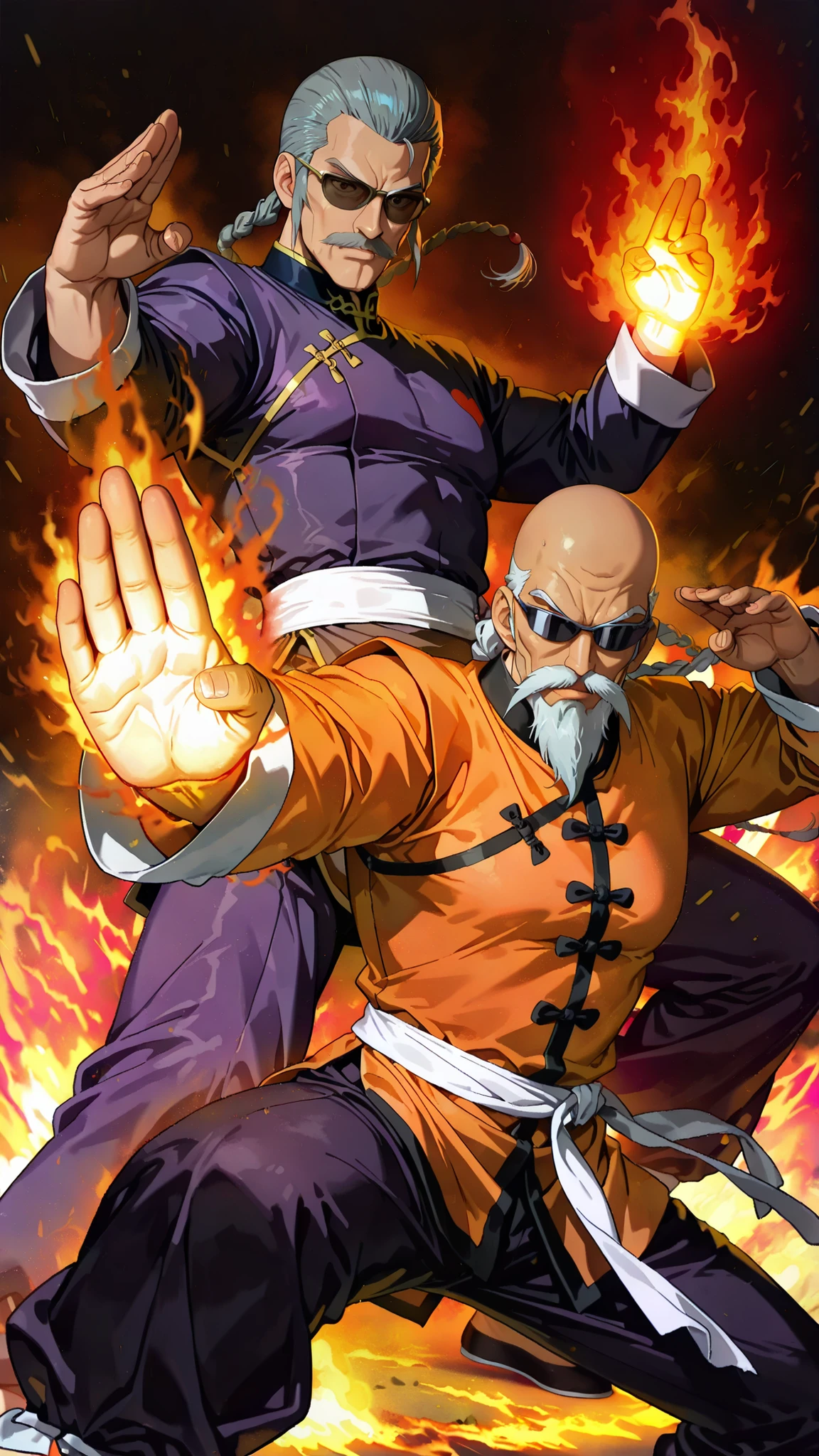 1980's anime style,mutenroshi,2man,(1man is mutenroshi, old man, bald, sunglasses, beard, mustache, chinese clothes, shirt, orange shirt, long sleeves),break ,(the other is Master Asia from Mobile Fighter G Gundam,1old man,a man's glowing palm showing a burning crest of the King of Hearts,Kung Fu Master,Mustache, Three-braided ponytail, Grey Hair, slicked-back hair,purple kung fu clothe,long sleeve,purple kung fu pants,white obi, 4fingers,fighting stance),break,battle,dynamic motion,battle sean,aura