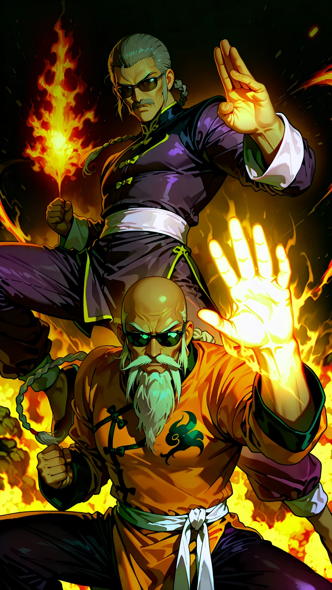 1980's anime style,mutenroshi,2man,break,(1man is mutenroshi, old man, bald, sunglasses, beard, mustache, chinese clothes, shirt, orange shirt, long sleeves,),break ,(the other is Master Asia from Mobile Fighter G Gundam,1old man,a man's glowing palm showing a burning crest of the King of Hearts,Kung Fu Master,Mustache, Three-braided ponytail, Grey Hair, slicked-back hair,purple kung fu clothe,long sleeve,purple kung fu pants,white obi, 4fingers,fighting stance),break,battle,dynamic motion,battle sean,aura