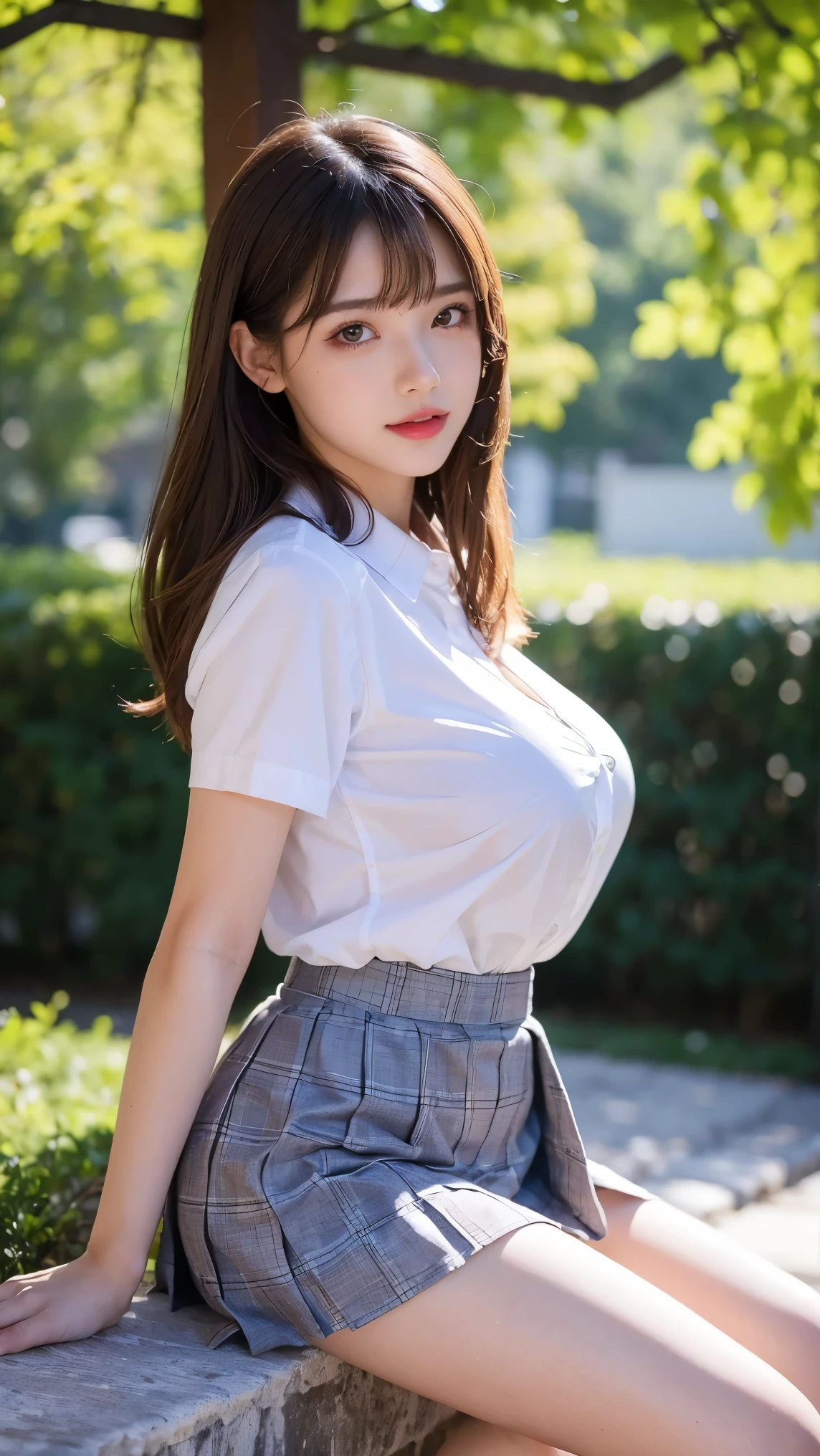 nsfw, 8KRAWphotograph, top quality , masterpiece, Super high resolution , film grain, membrane, One Girl , Watch Viewers , Natural Skin Texture, realistic eyes and face details , plump lips , lipstick, (compensate), Red eyeshadow , Fluffy Shorthair , messy hair, smile, close your mouth, beautiful foot, tall female, skinny, slim_foot, Alone, Big Breasts, clevis on a stone, Butt-facing pose , ultra short skirt , teeth, shirt, Beautiful natural place, Around the flower place, ( detailed background), check pattern skirt, white shirt, Big Breasts, clevis on a stone, Show a little clevis on a stone through the shirt, loafers without pants, Blur background, Blur, holding, check pattern , Short sleeve, JK Ribbon on the neck, JK Ribbon, brown hair, Bracelet , water, bangs, school uniform, jewelry, open lips, lips, from side, pleated skirt , depth of writing