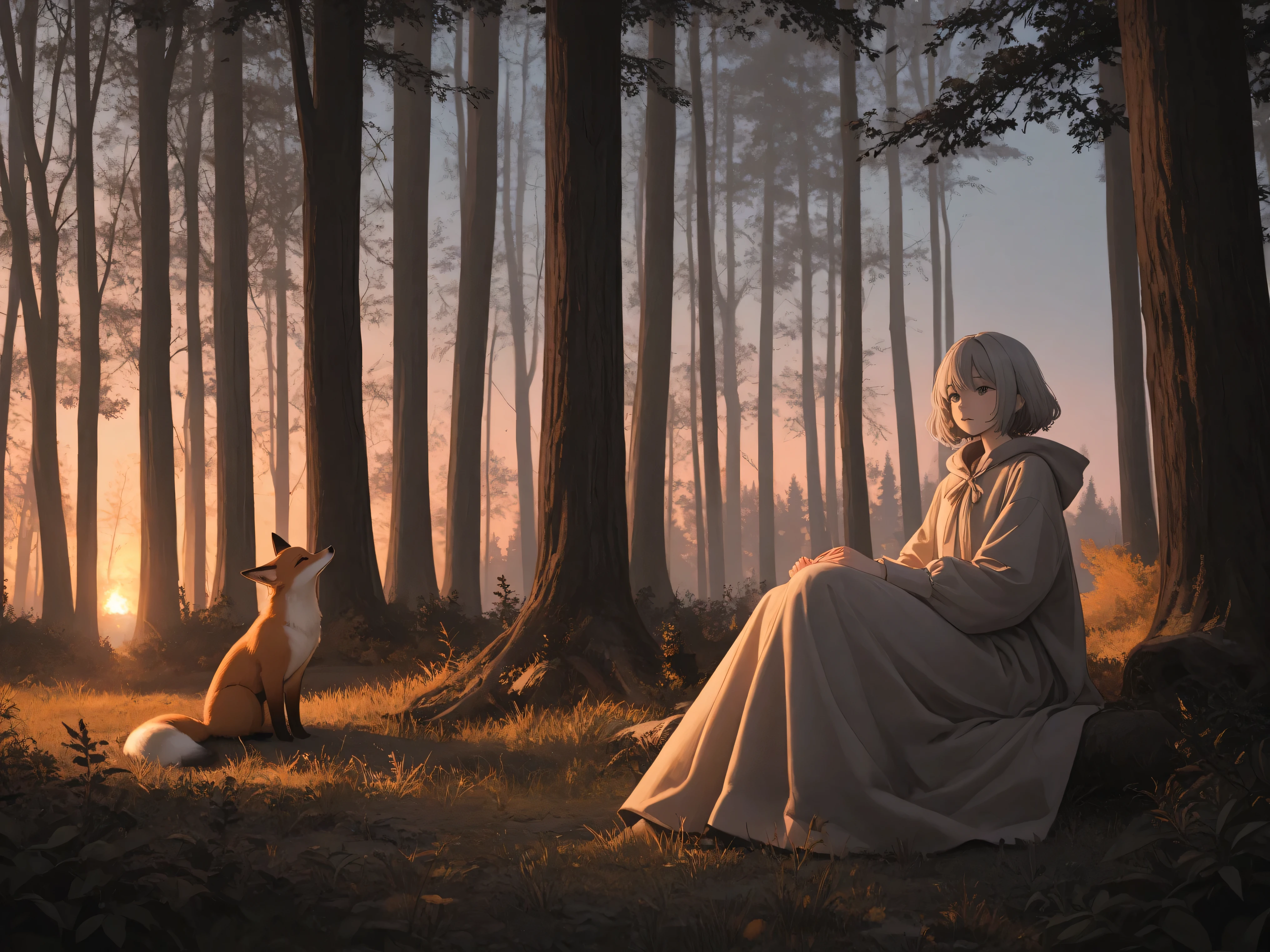 High Quality,4K,real,Delicate Details,womanhood,anthropomorphic fox,gray hair, melancholy expression,Forest at dusk,Natural Scenery,Sitting