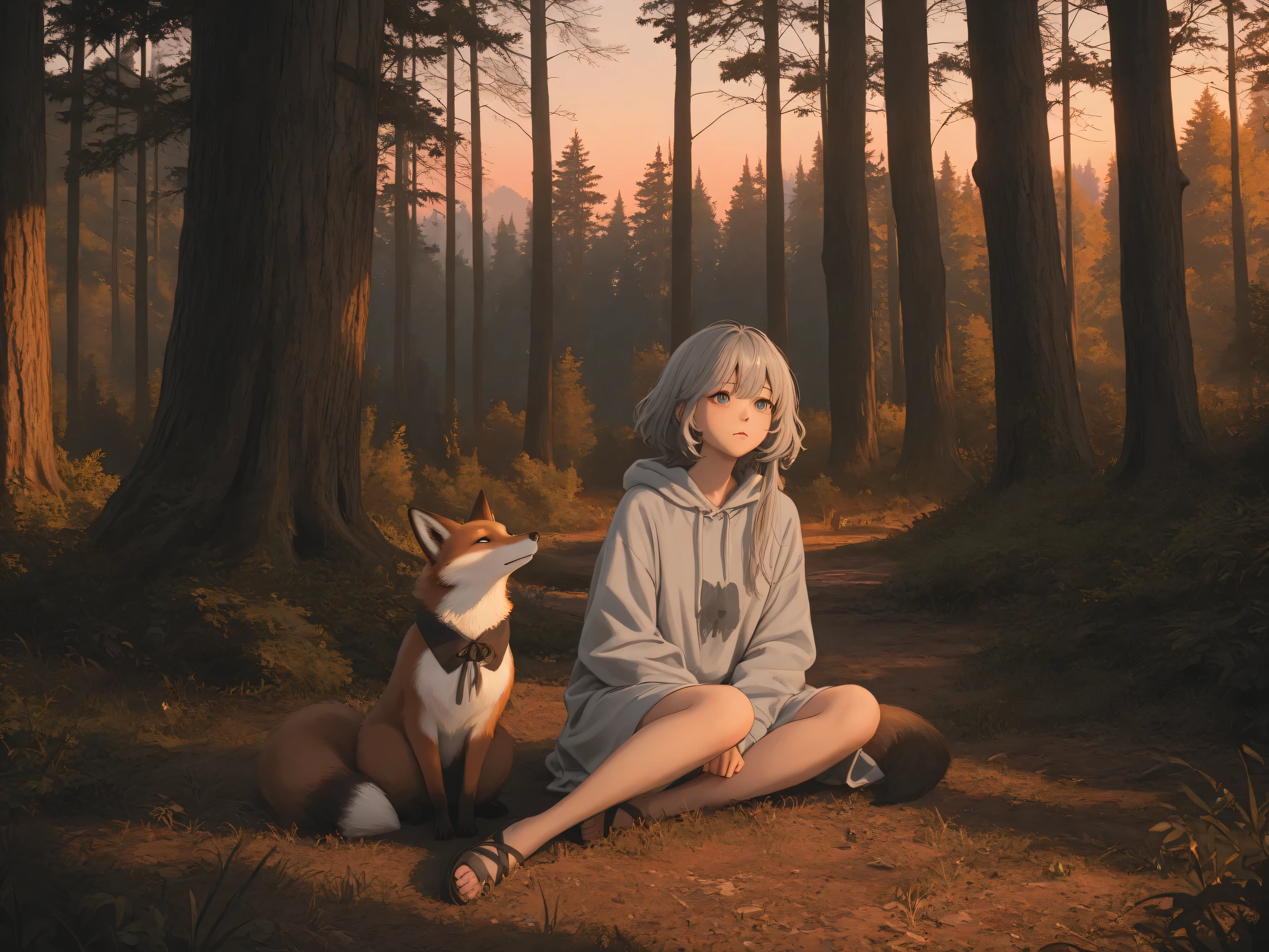 High Quality,4K,real,Delicate Details,womanhood,anthropomorphic fox,gray hair, melancholy expression,Forest at dusk,Natural Scenery,Sitting